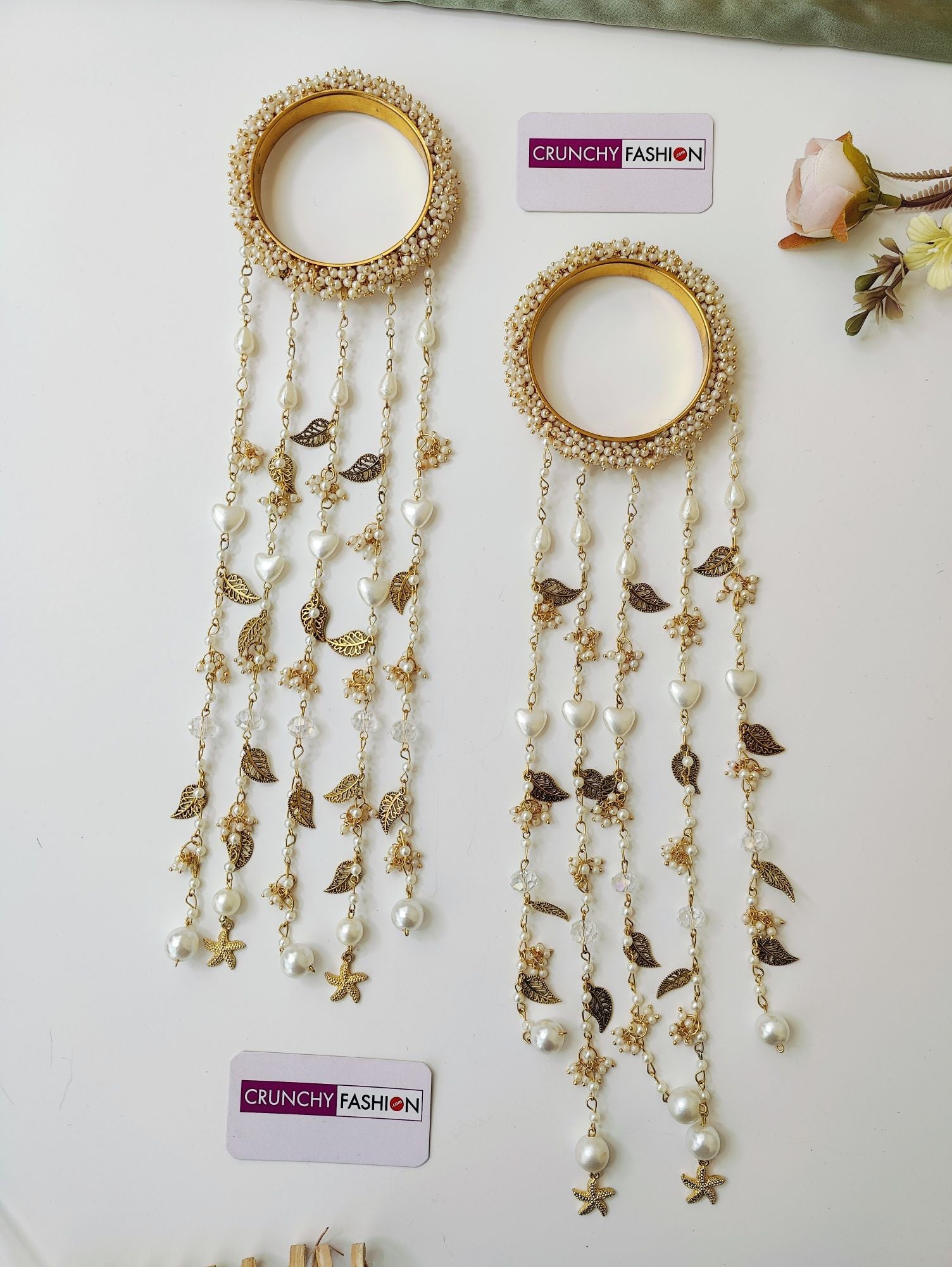 Handmade bridal white pearl sea shell kaleere for haldi & mehndi