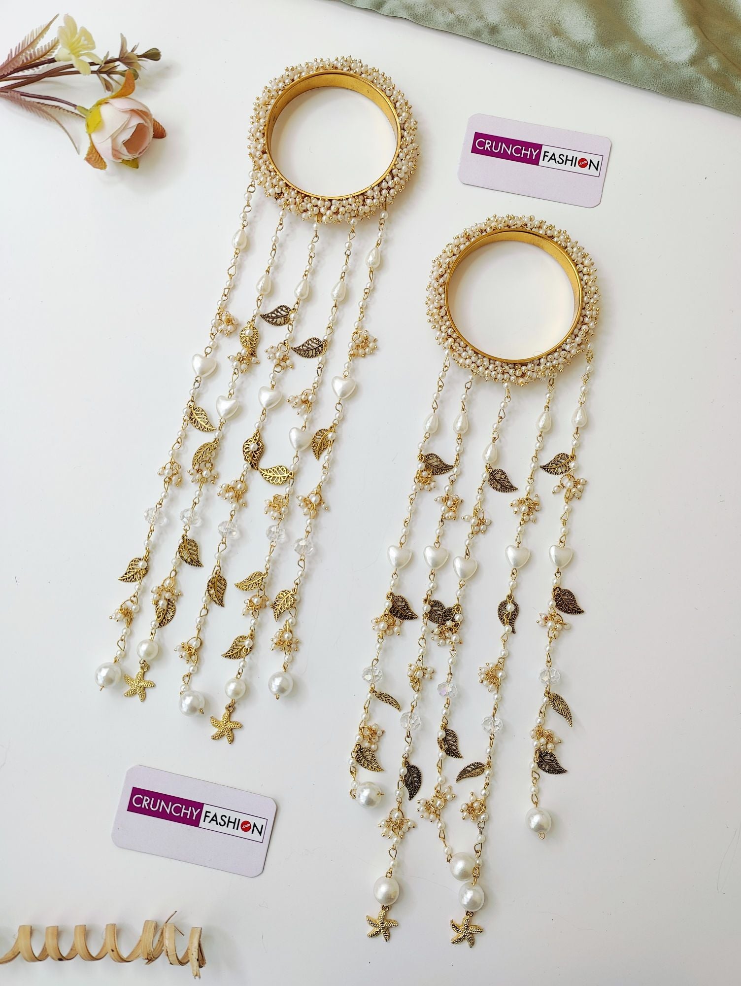 Handmade bridal white pearl sea shell kaleere for haldi & mehndi