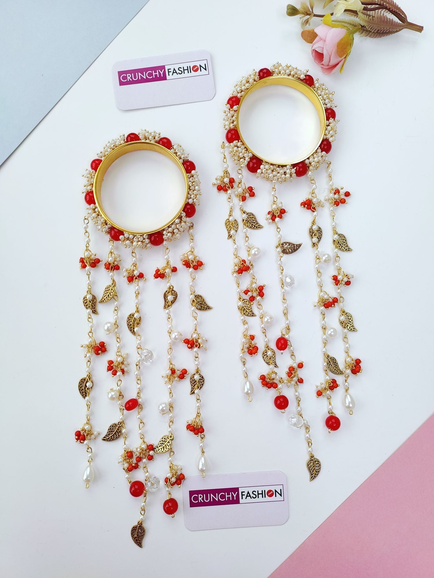 red kalira for bride with pearls, handmade haldi mehndi jewellery