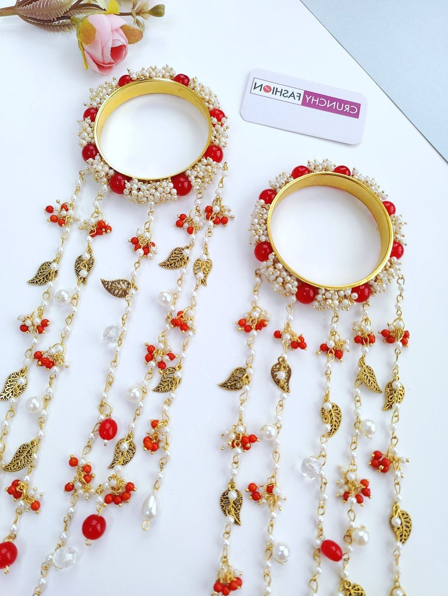 red kalira for bride with pearls, handmade haldi mehndi jewellery