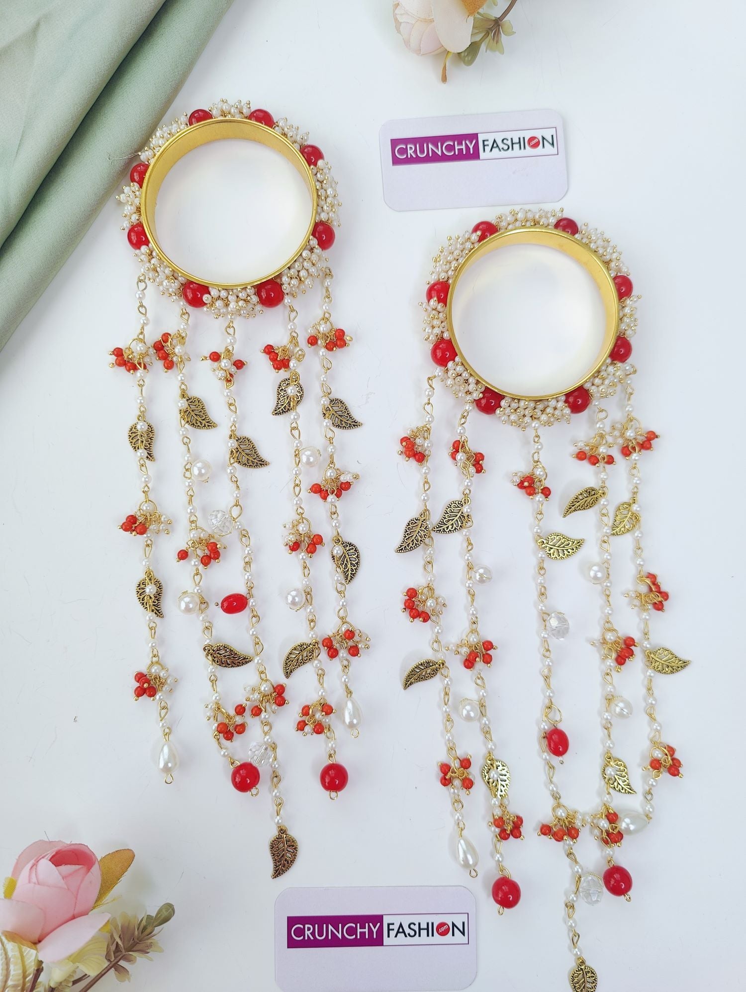 red kalira for bride with pearls, handmade haldi mehndi jewellery