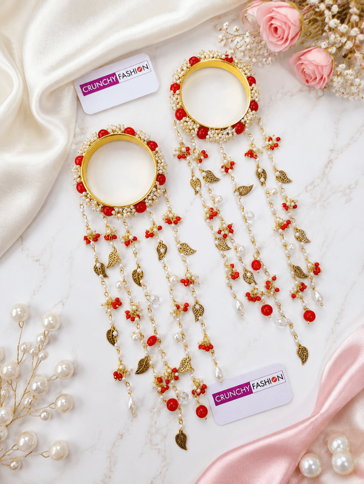 red kalira for bride with pearls, handmade haldi mehndi jewellery