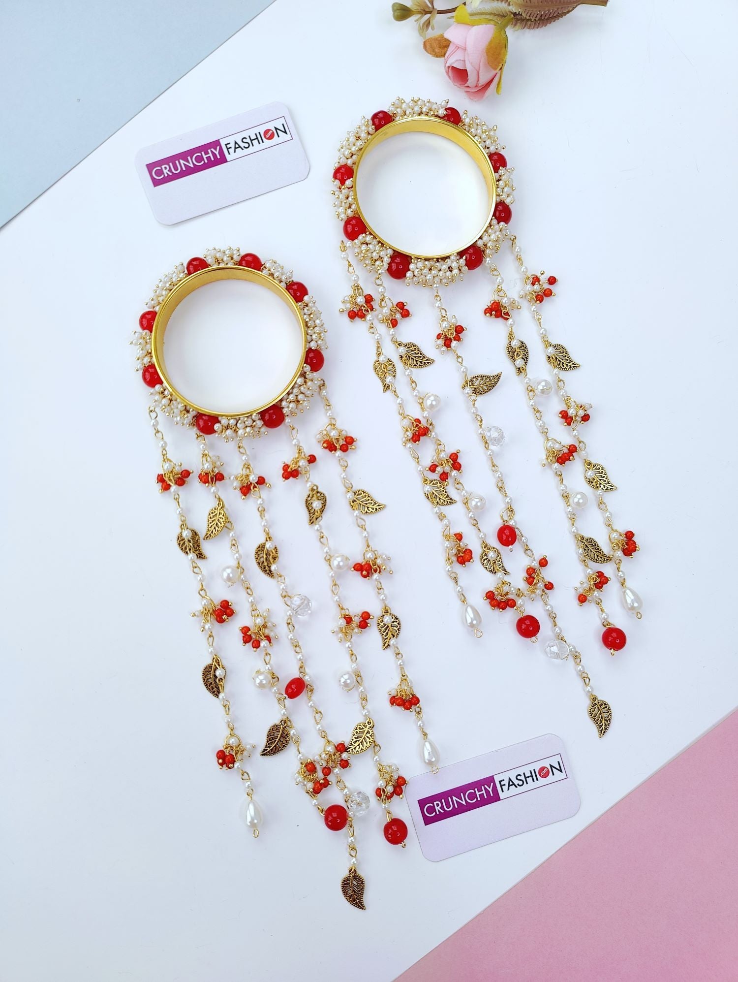 red kalira for bride with pearls, handmade haldi mehndi jewellery