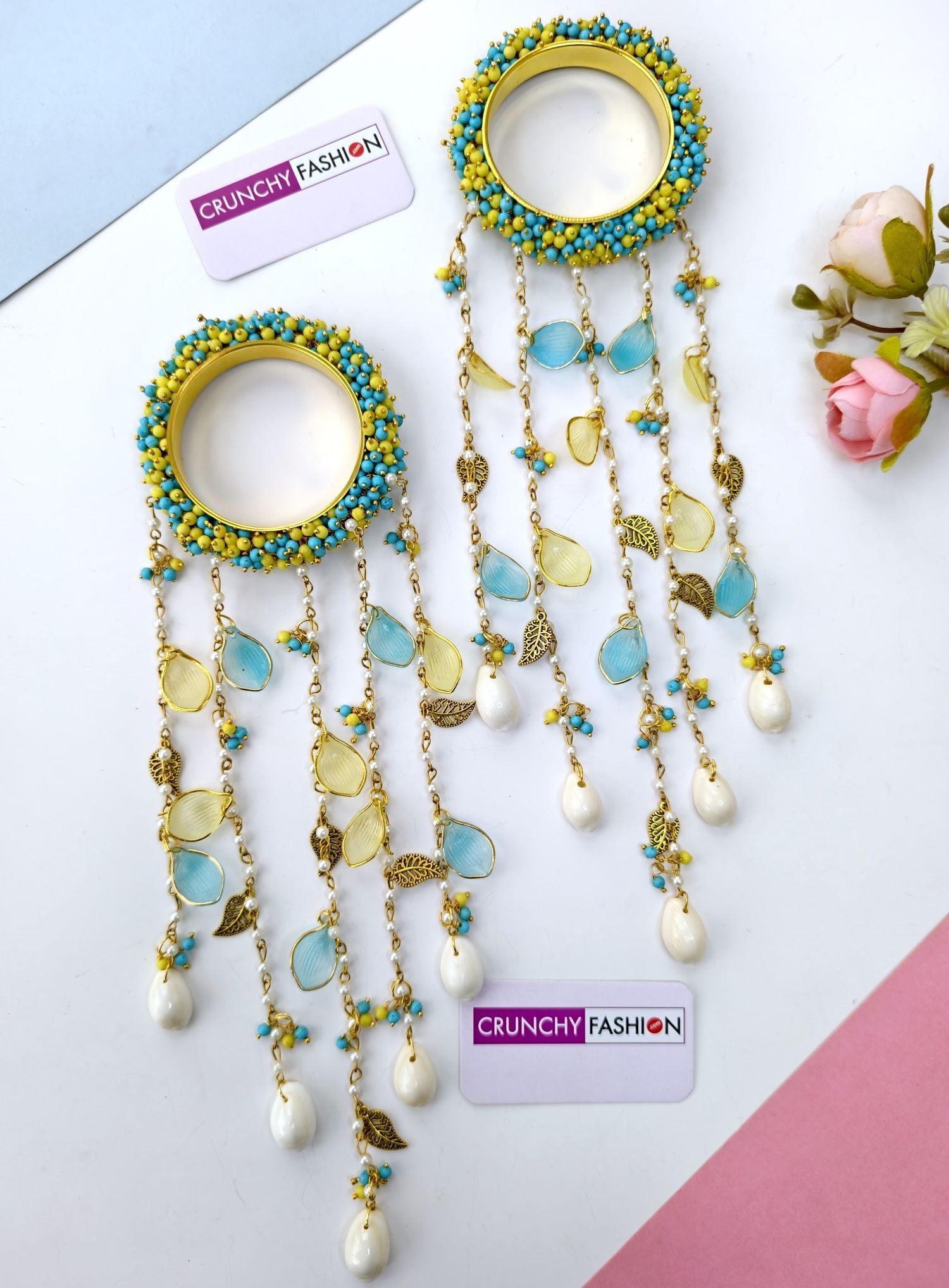 sky blue and yellow kalire leaf charm bangles for bride mehndi
