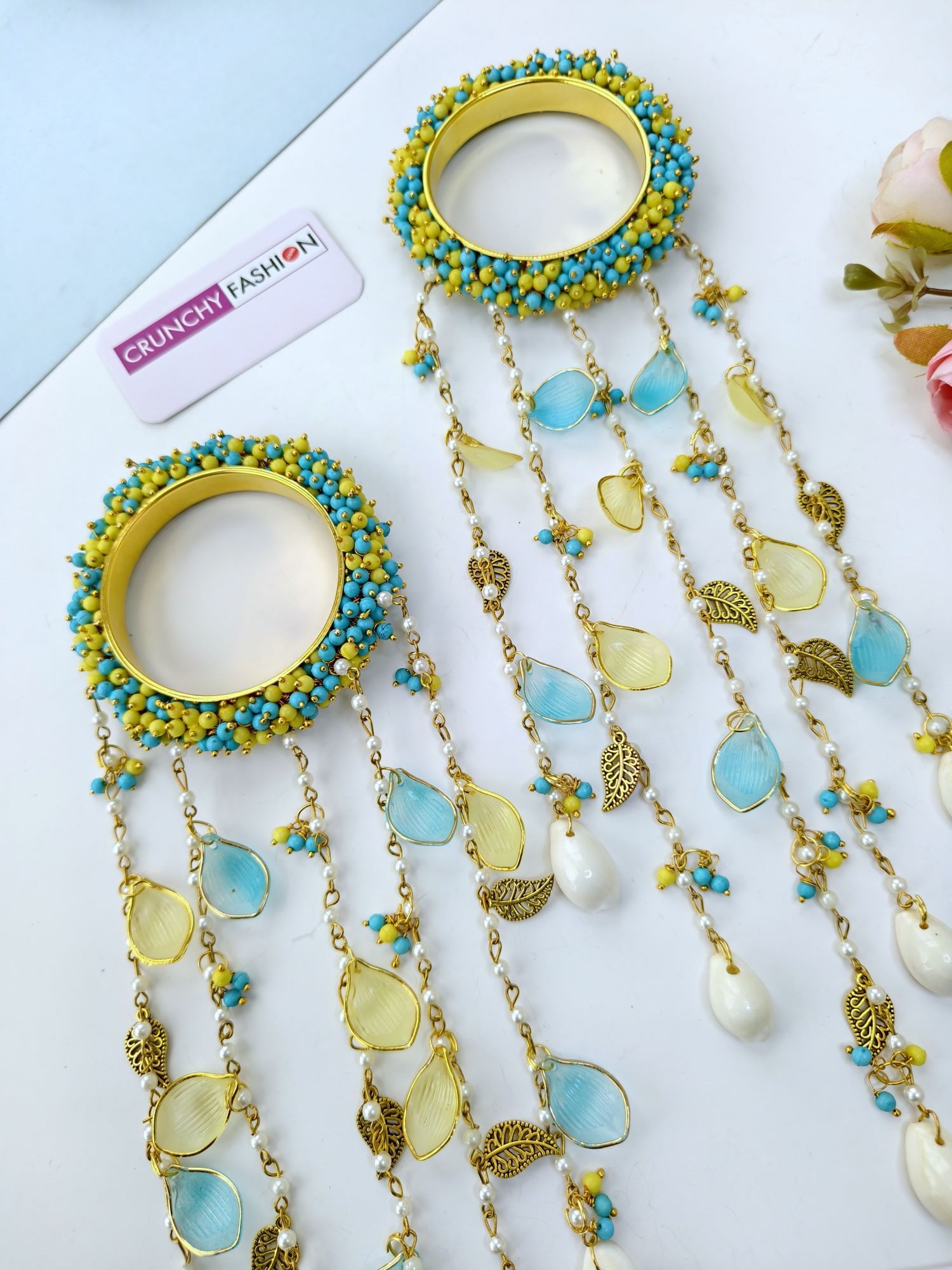 sky blue and yellow kalire leaf charm bangles for bride mehndi