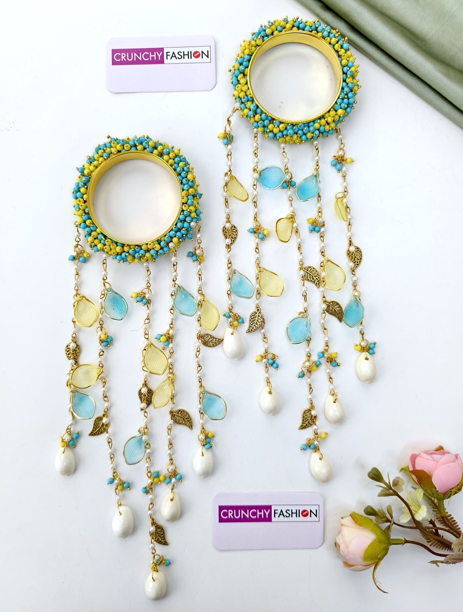 sky blue and yellow kalire leaf charm bangles for bride mehndi