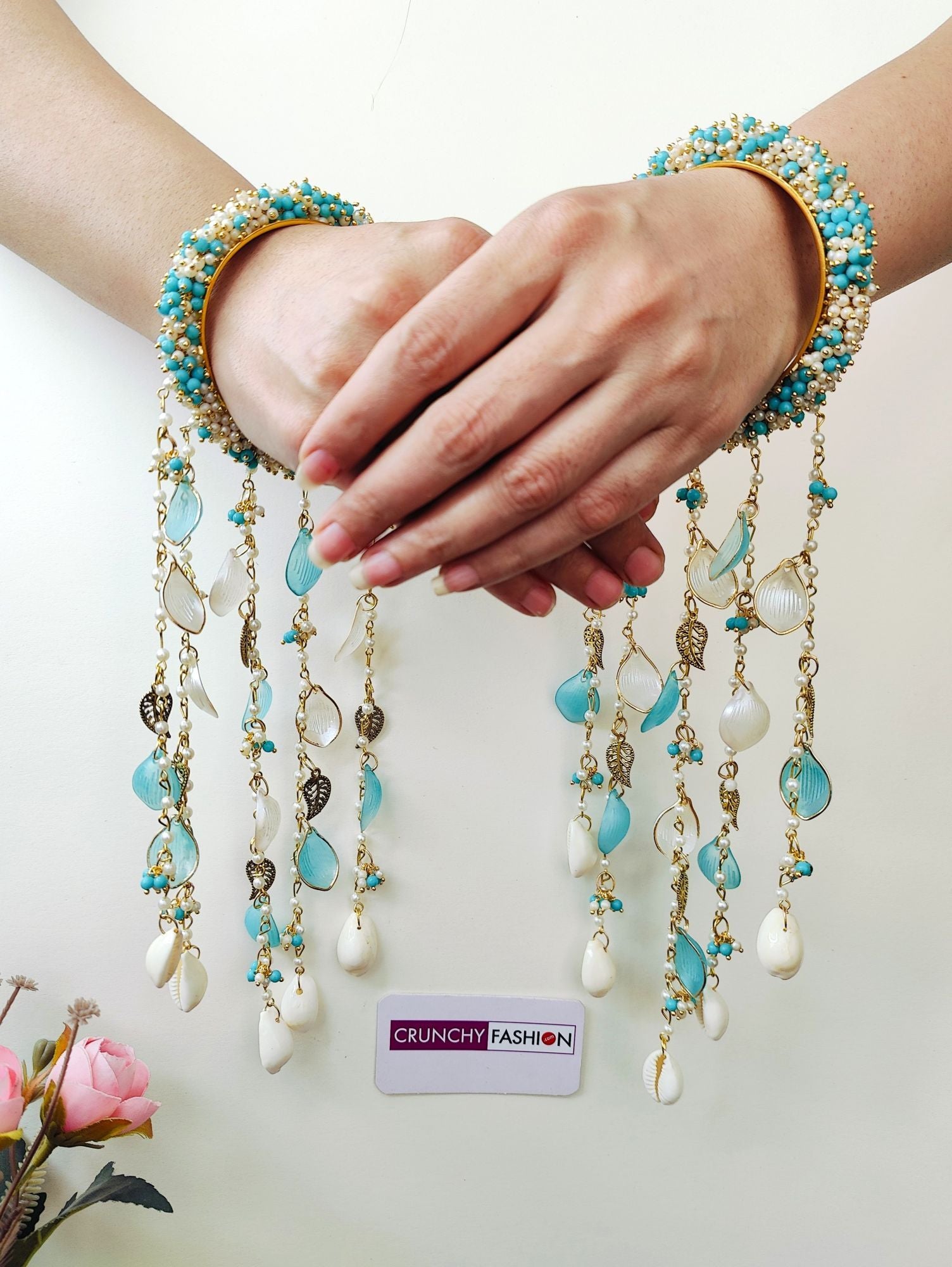 Sky Blue Pearl & Shell Bridal Haldi Kalire