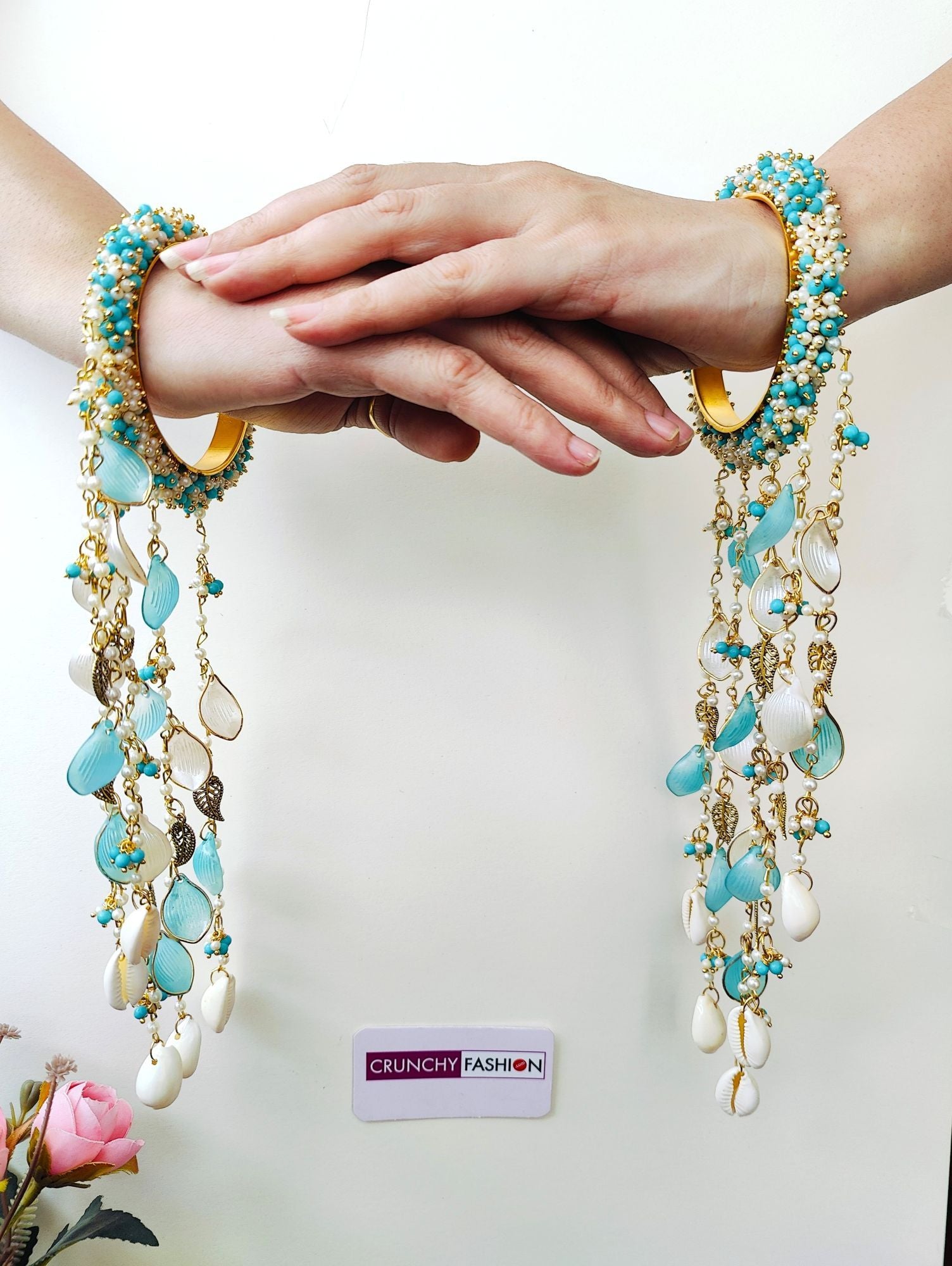 Sky Blue Pearl & Shell Bridal Haldi Kalire