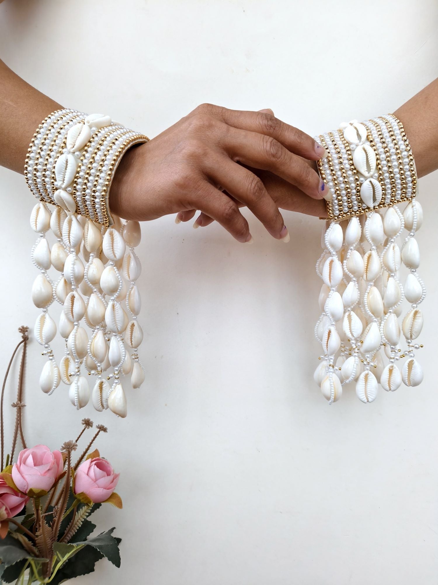 Handmade bridal white pearl sea shell kalire for haldi & mehndi