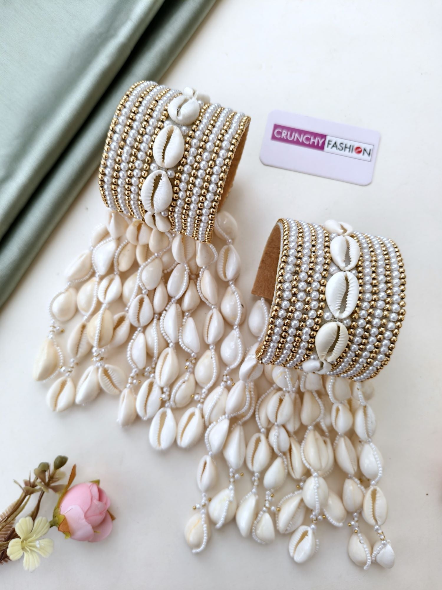 Handmade bridal white pearl sea shell kalire for haldi & mehndi