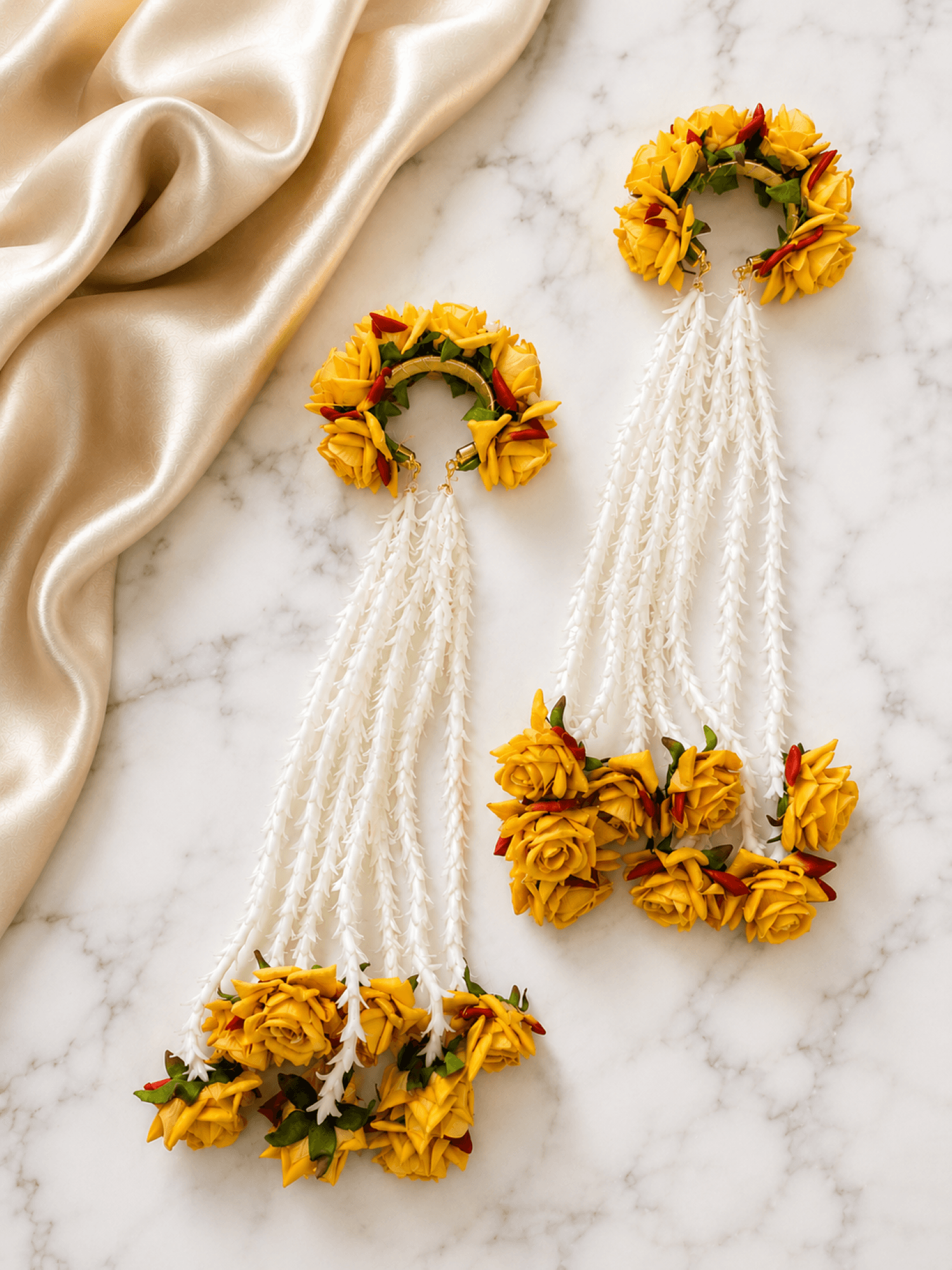 yellow handmade rose kaliras for haldi mehndi, lightweight bridal kalire