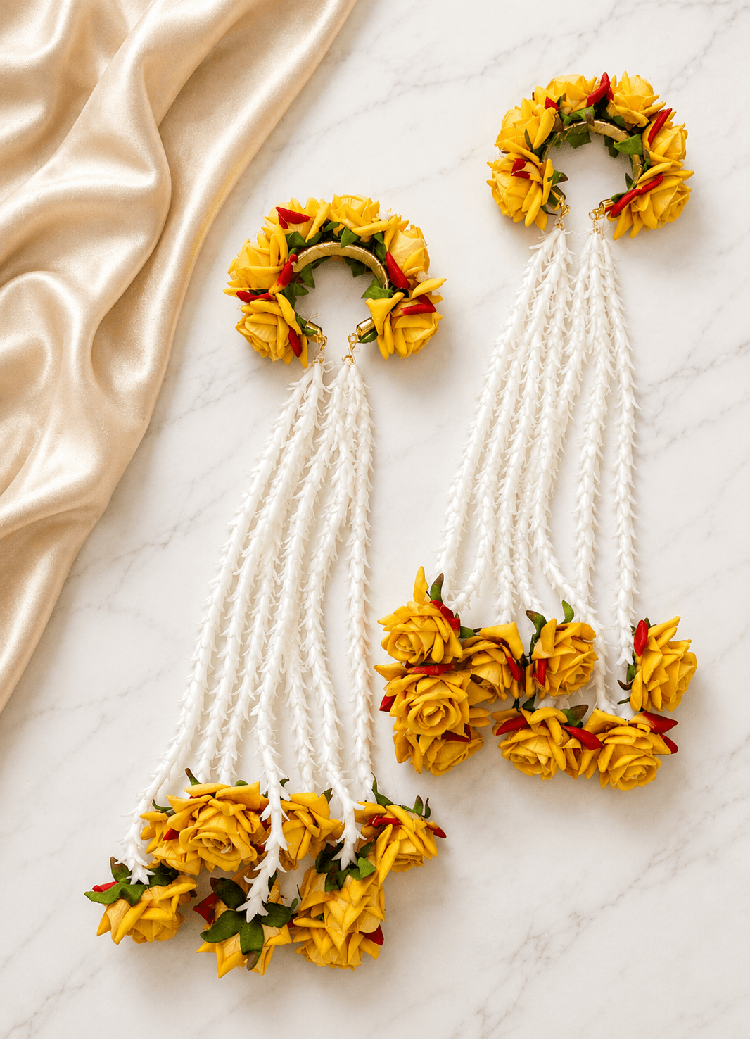 yellow handmade rose kaliras for haldi mehndi, lightweight bridal kalire