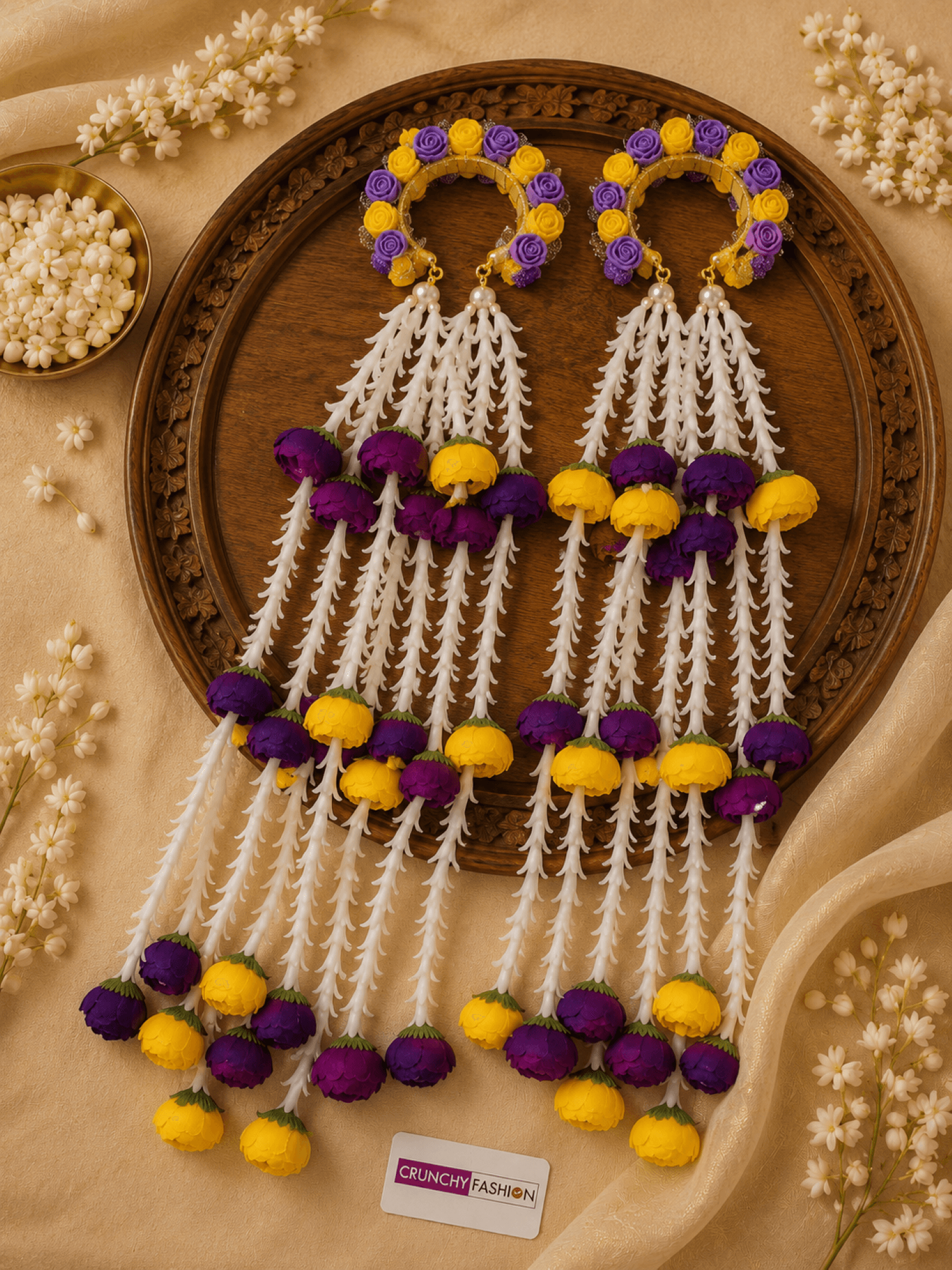 purple and yellow handmade floral kalire for bride haldi mehndi