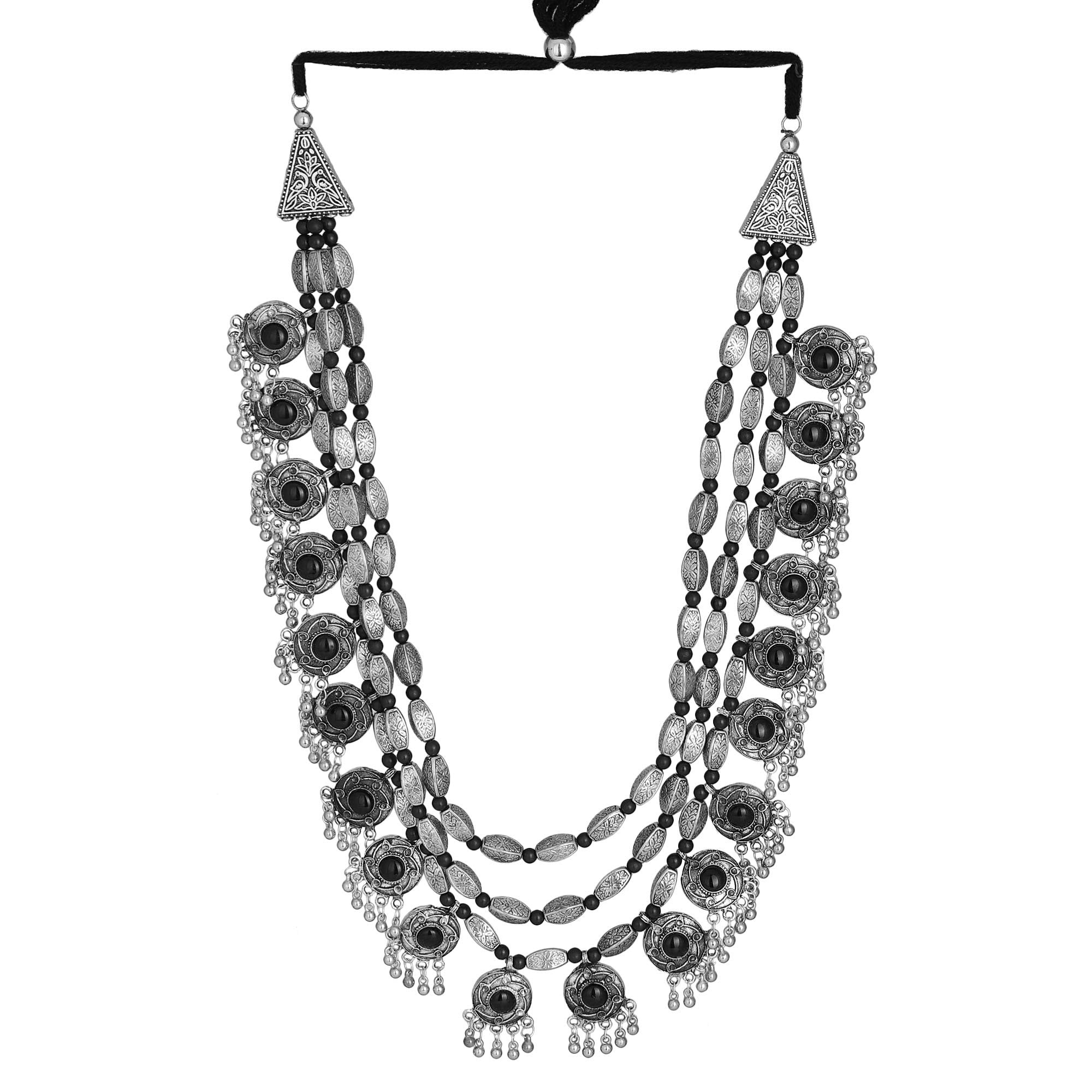 Oxidised Silver Glamour: Multilayer Statement Necklace & Earring Set for Modern Fashion