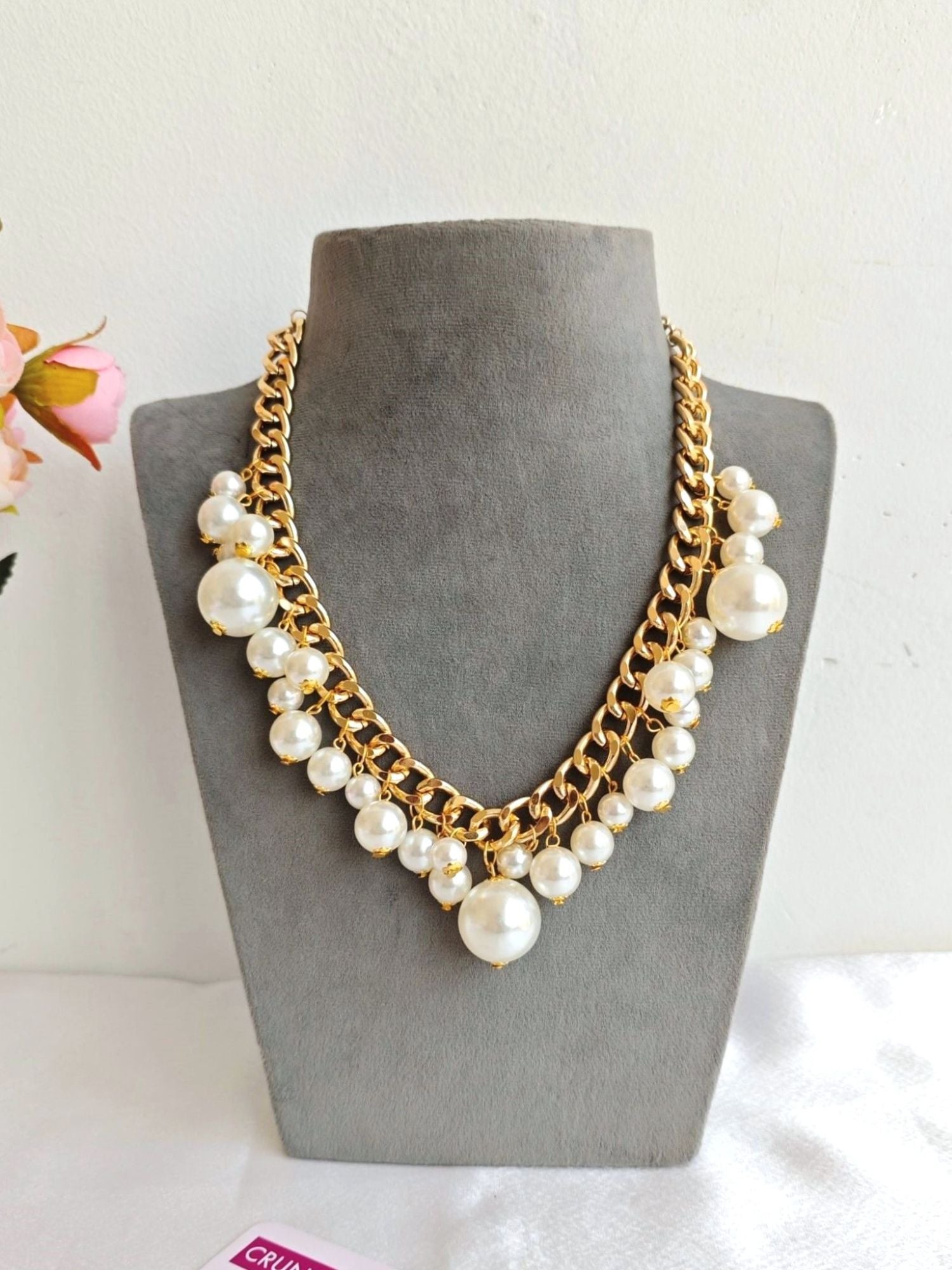 Handmade white pearl choker necklace with asymmetric design for women, perfect for everyday wear and parties