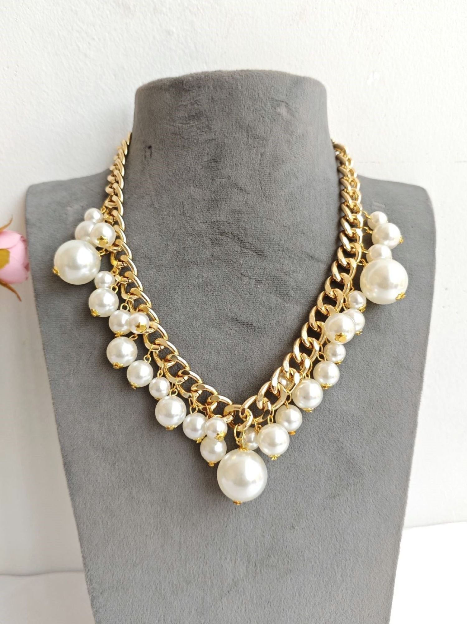 Handmade white pearl choker necklace with asymmetric design for women, perfect for everyday wear and parties