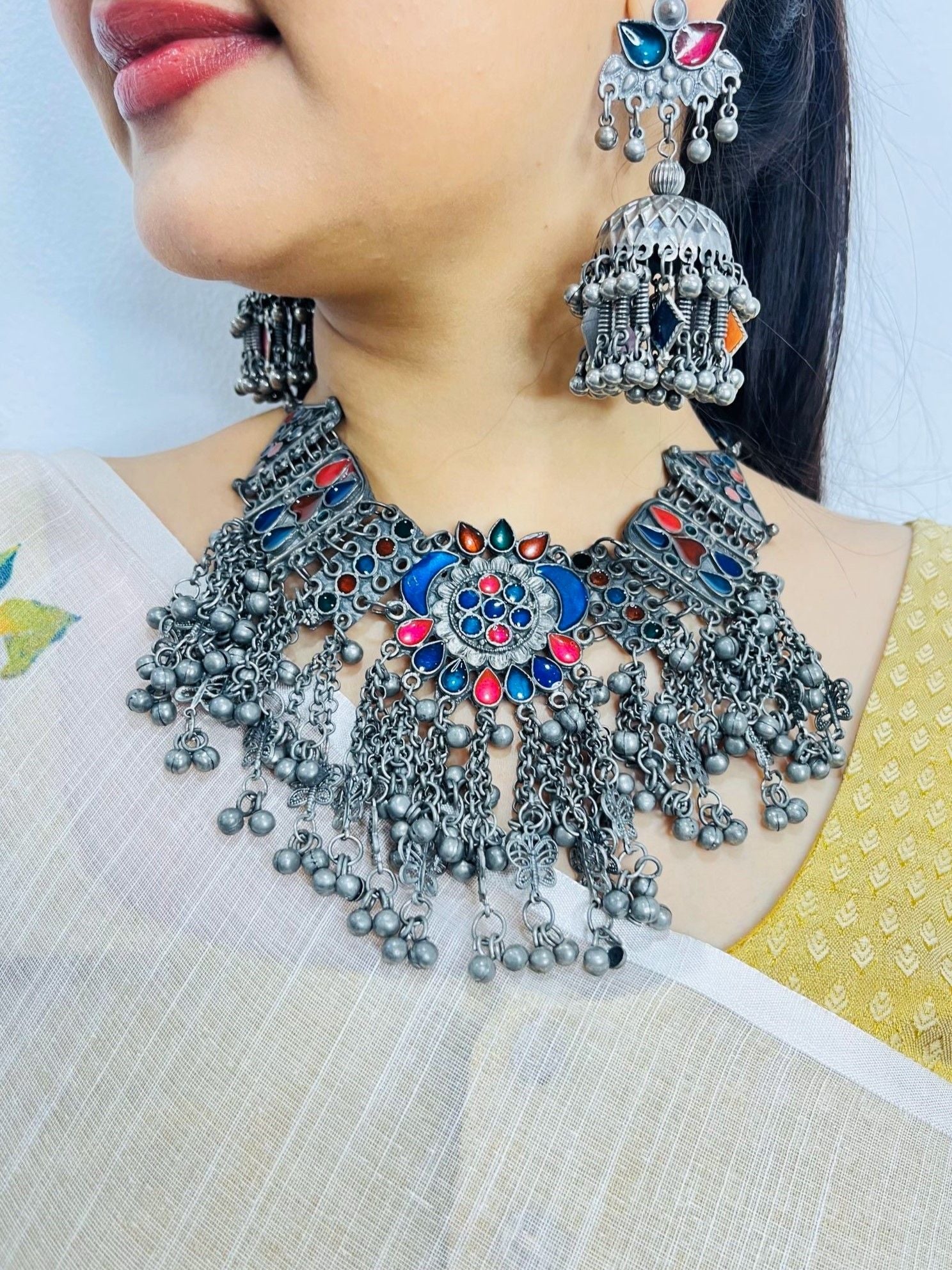 Boho Oxidised Silver Afghan Jewellery Choker Necklace for Women