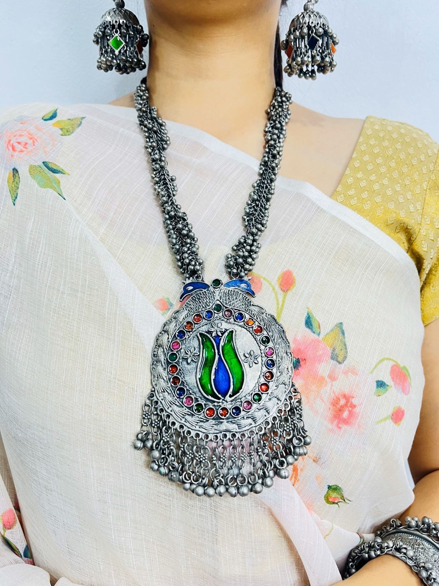 Boho Chic Oxidised Silver Long Statement Necklace Set for Women Girls