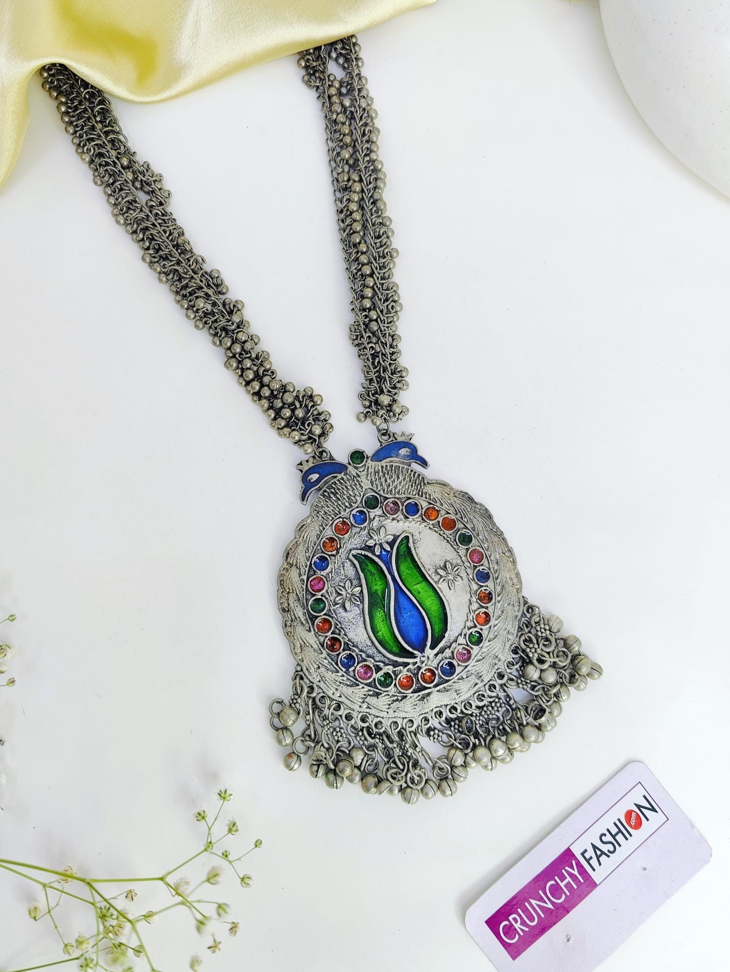 Boho Chic Oxidised Silver Long Statement Necklace Set for Women Girls