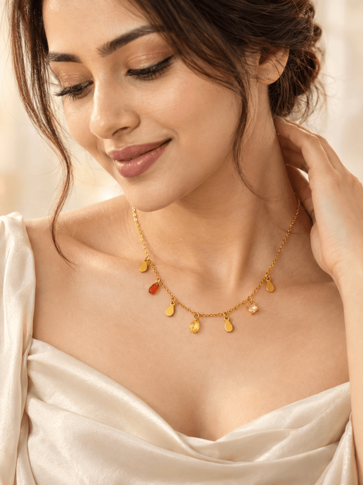 Designer gold-plated crystal girl pendant necklace for women, multicolor, anti-tarnish cable chain, party wear