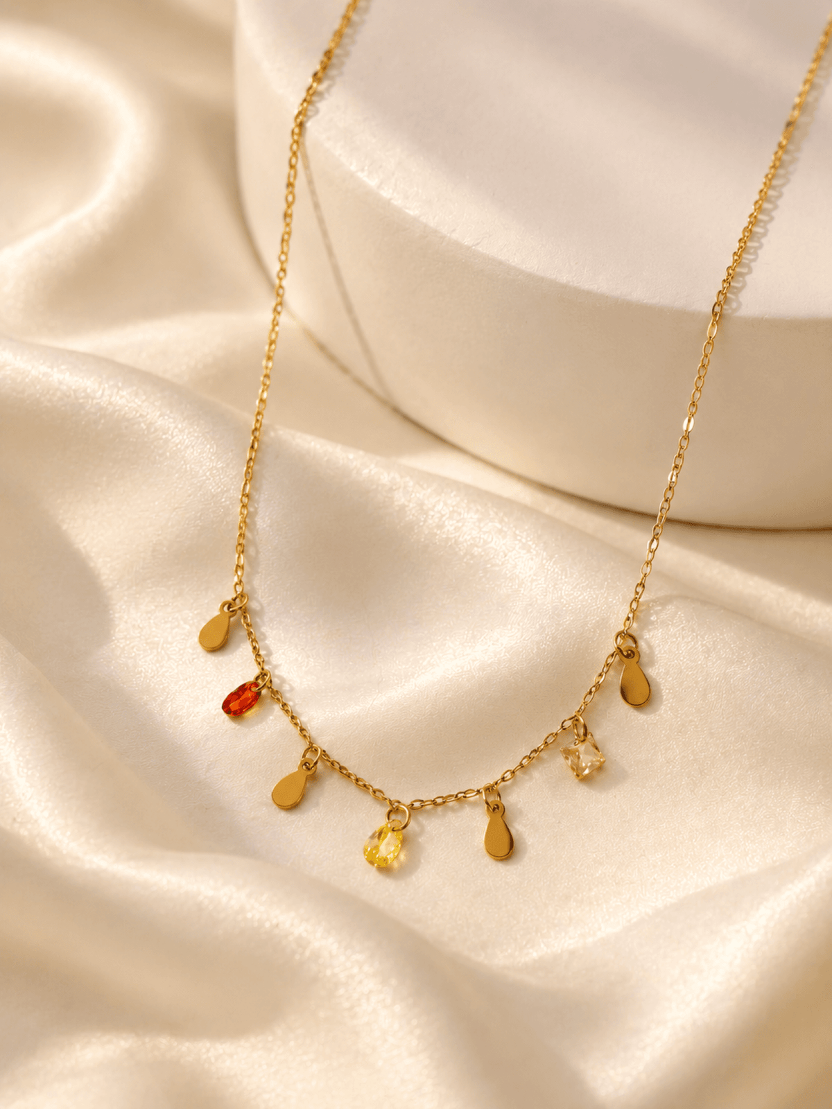 Designer gold-plated crystal girl pendant necklace for women, multicolor, anti-tarnish cable chain, party wear