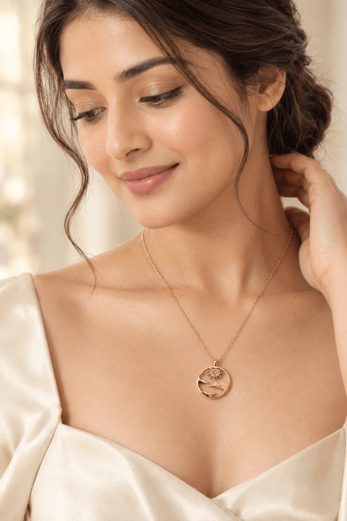 Gold plated designer crystal pendant necklace for women, anti-tarnish cable chain, party wear, spring 2026