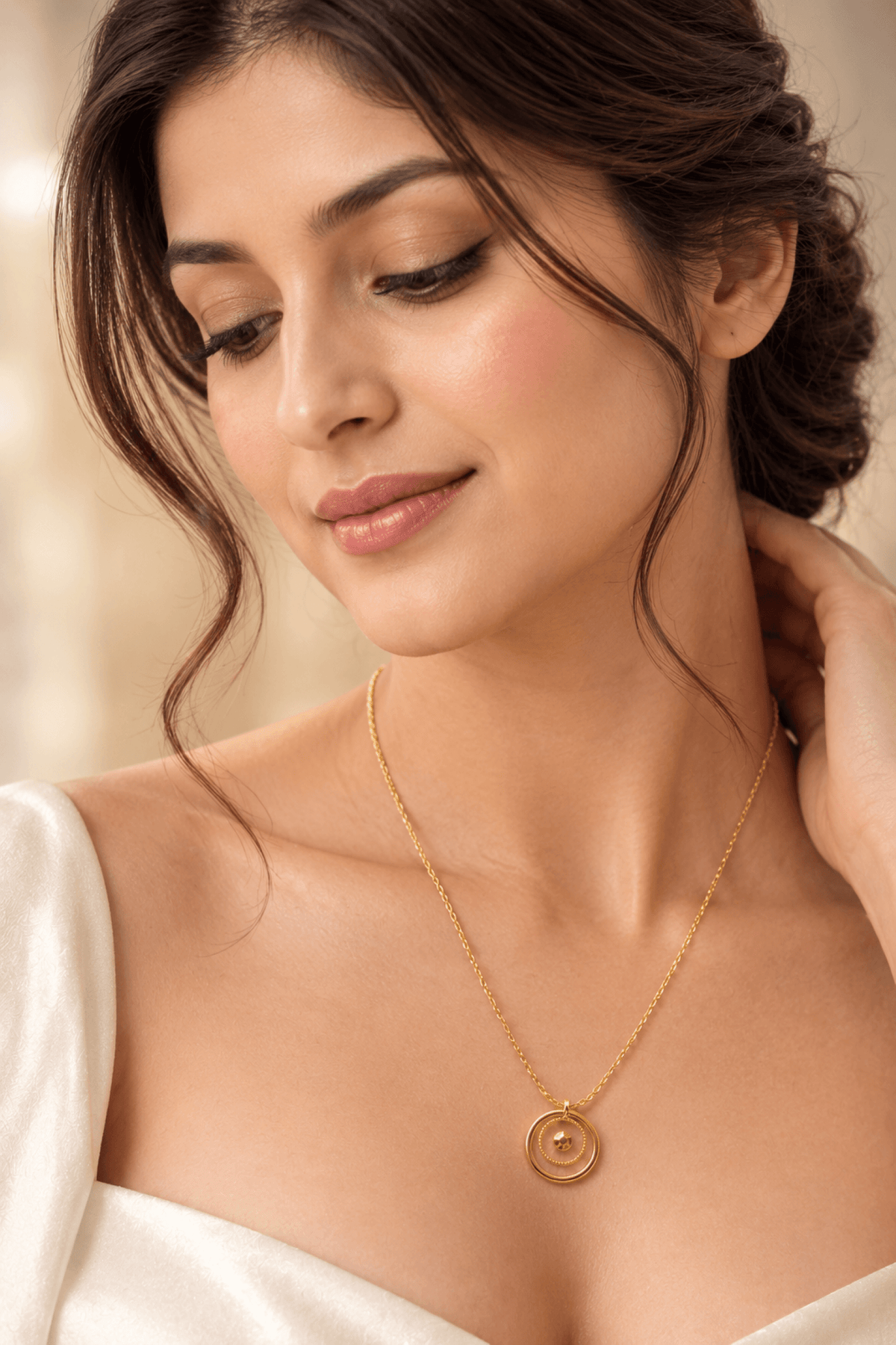 Designer crystal gold pendant necklace for women, brass cable chain, gemstone detail, ideal for party or date