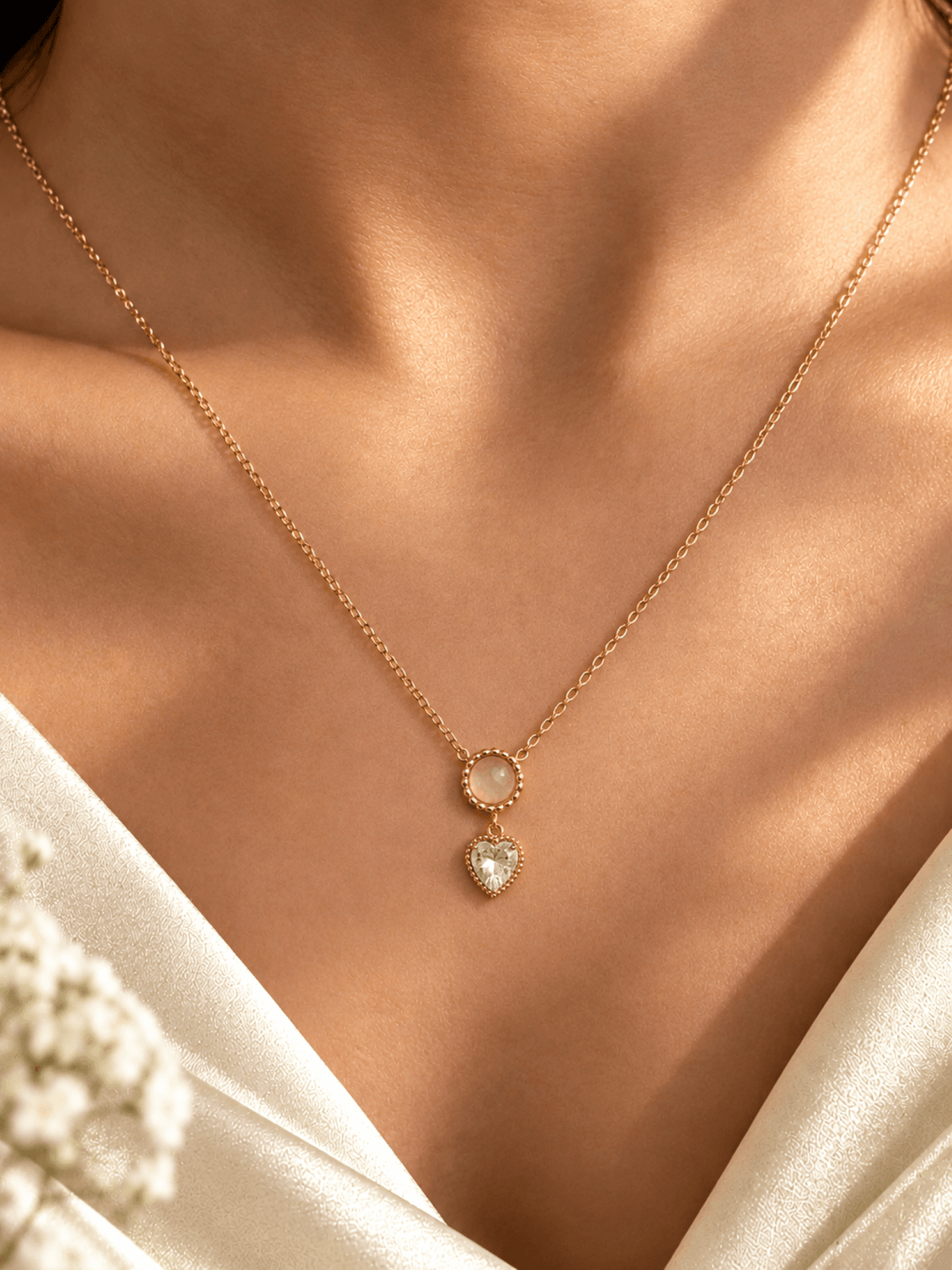 Gold plated heart crystal pendant necklace for women, designer brass jewelry, cable chain, ideal gift for party or Valentine