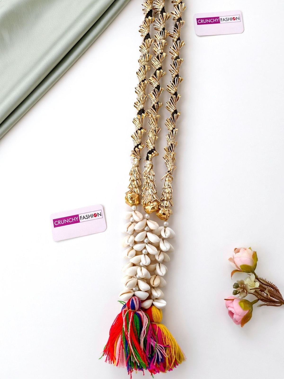 multicolor bridal paranda with white shell tassels for haldi mehndi