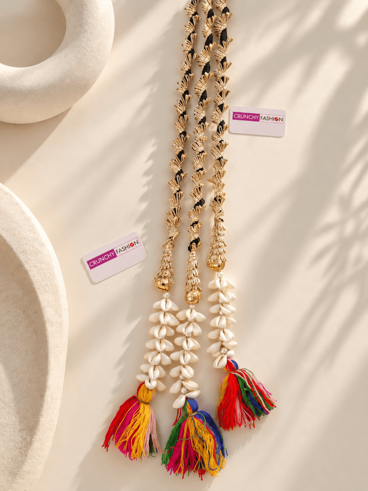 multicolor bridal paranda with white shell tassels for haldi mehndi