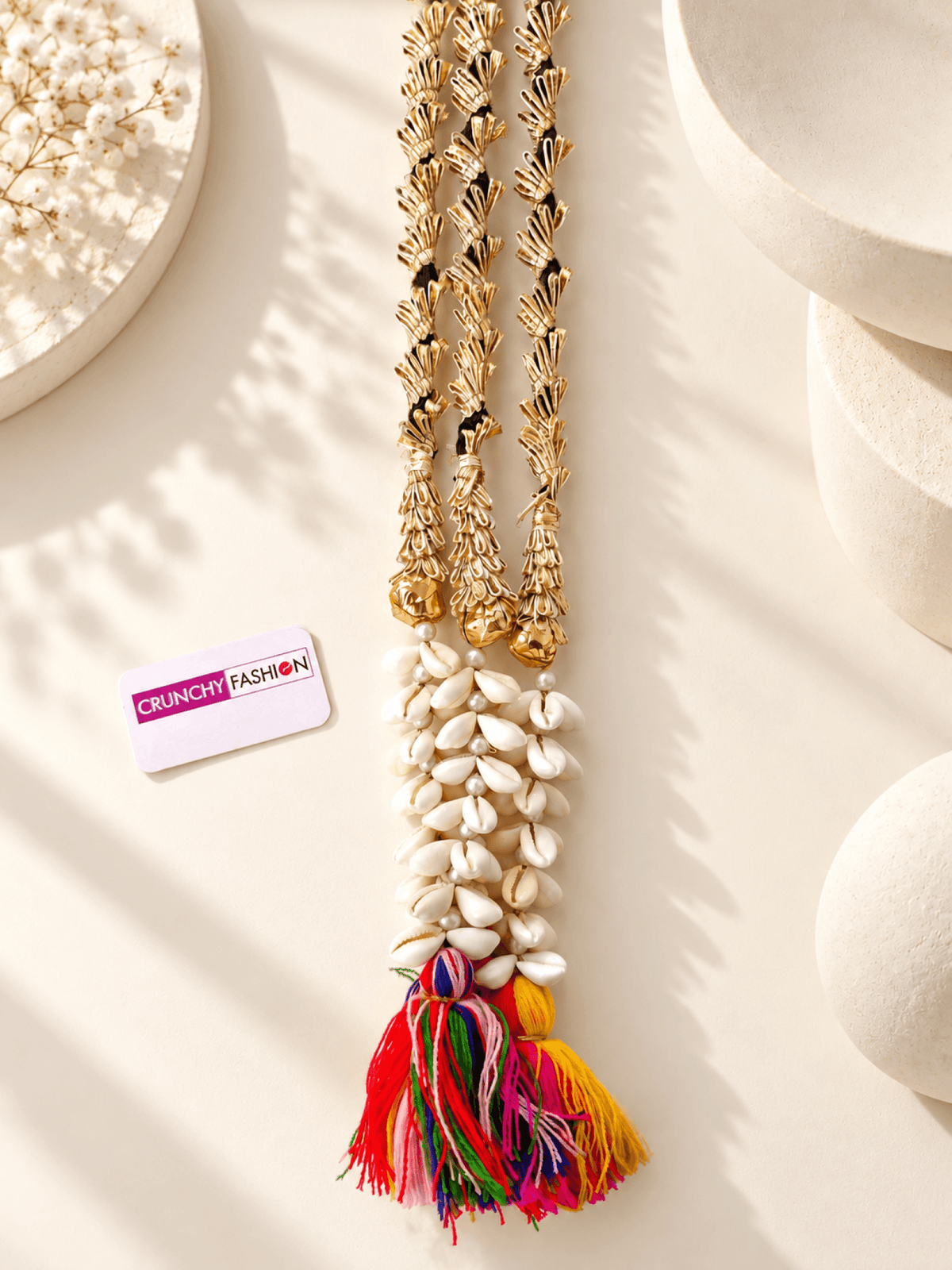 multicolor bridal paranda with white shell tassels for haldi mehndi