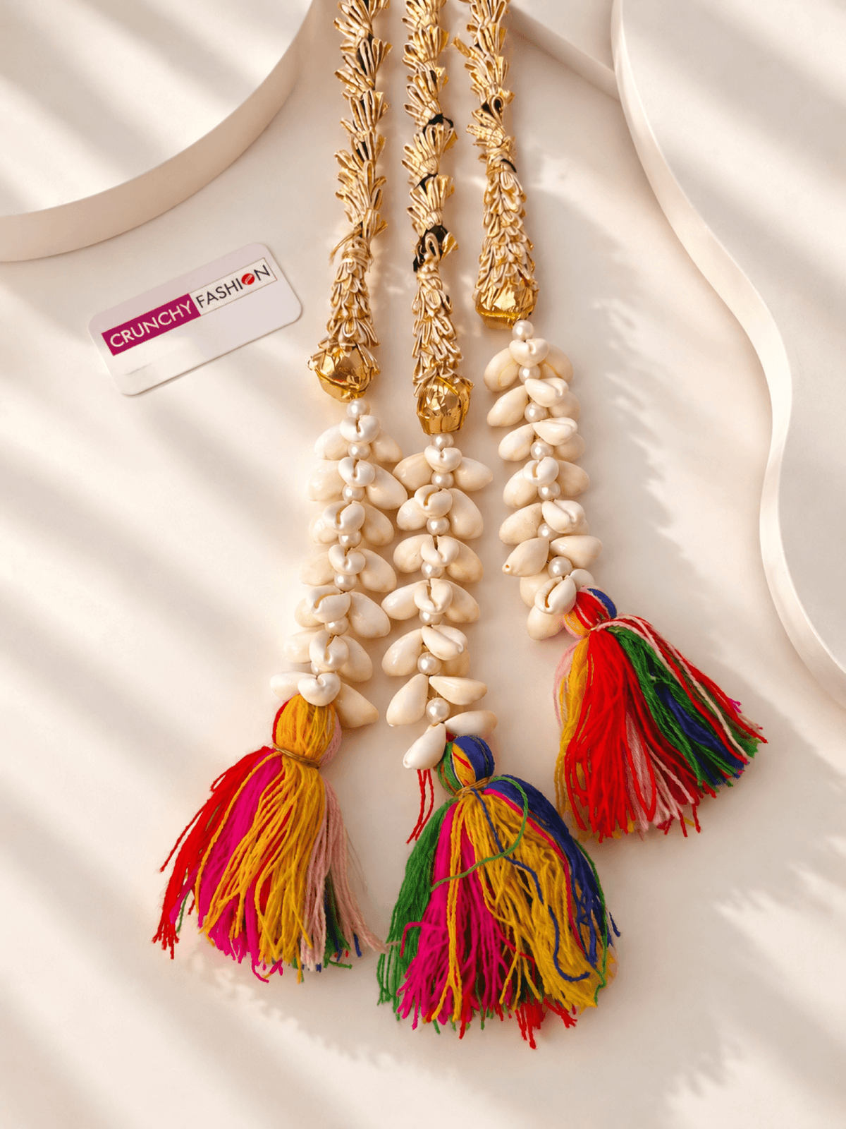 multicolor bridal paranda with white shell tassels for haldi mehndi
