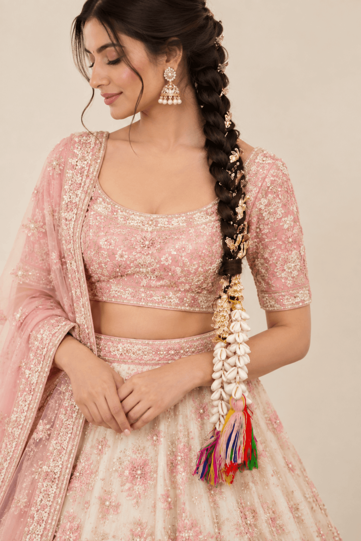 multicolor bridal paranda with white shell tassels for haldi mehndi