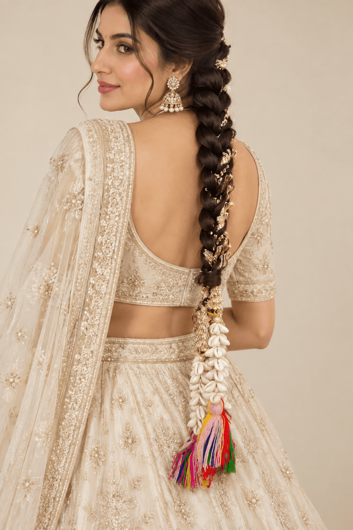 multicolor bridal paranda with white shell tassels for haldi mehndi