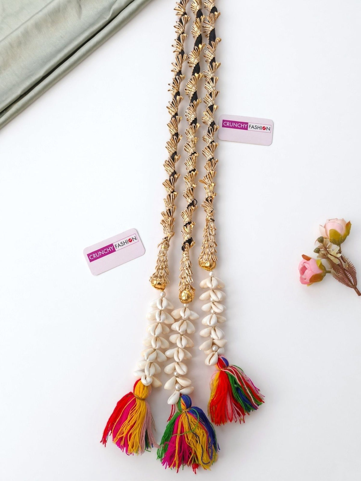 multicolor bridal paranda with white shell tassels for haldi mehndi