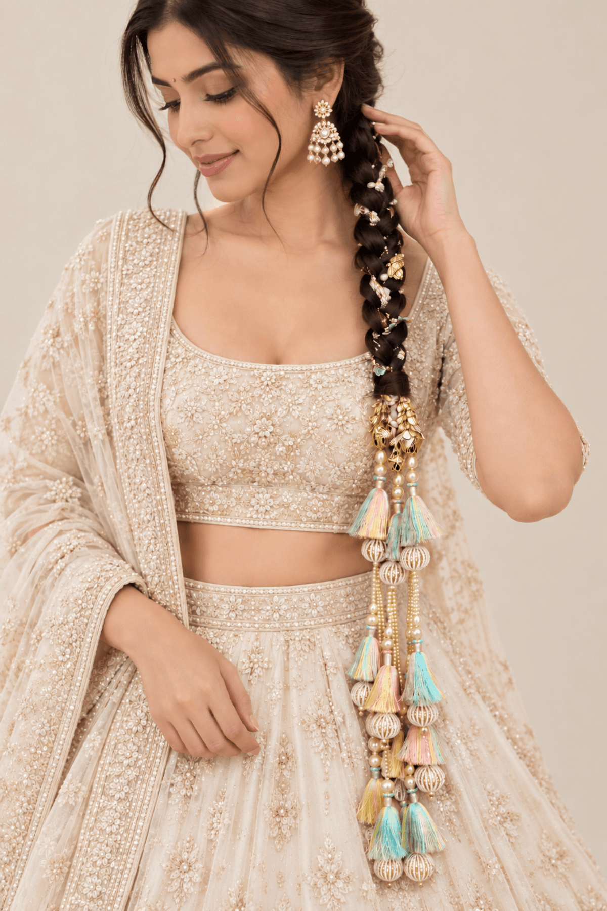 Pastel drop style bridal paranda, haldi mehandi hair accessory