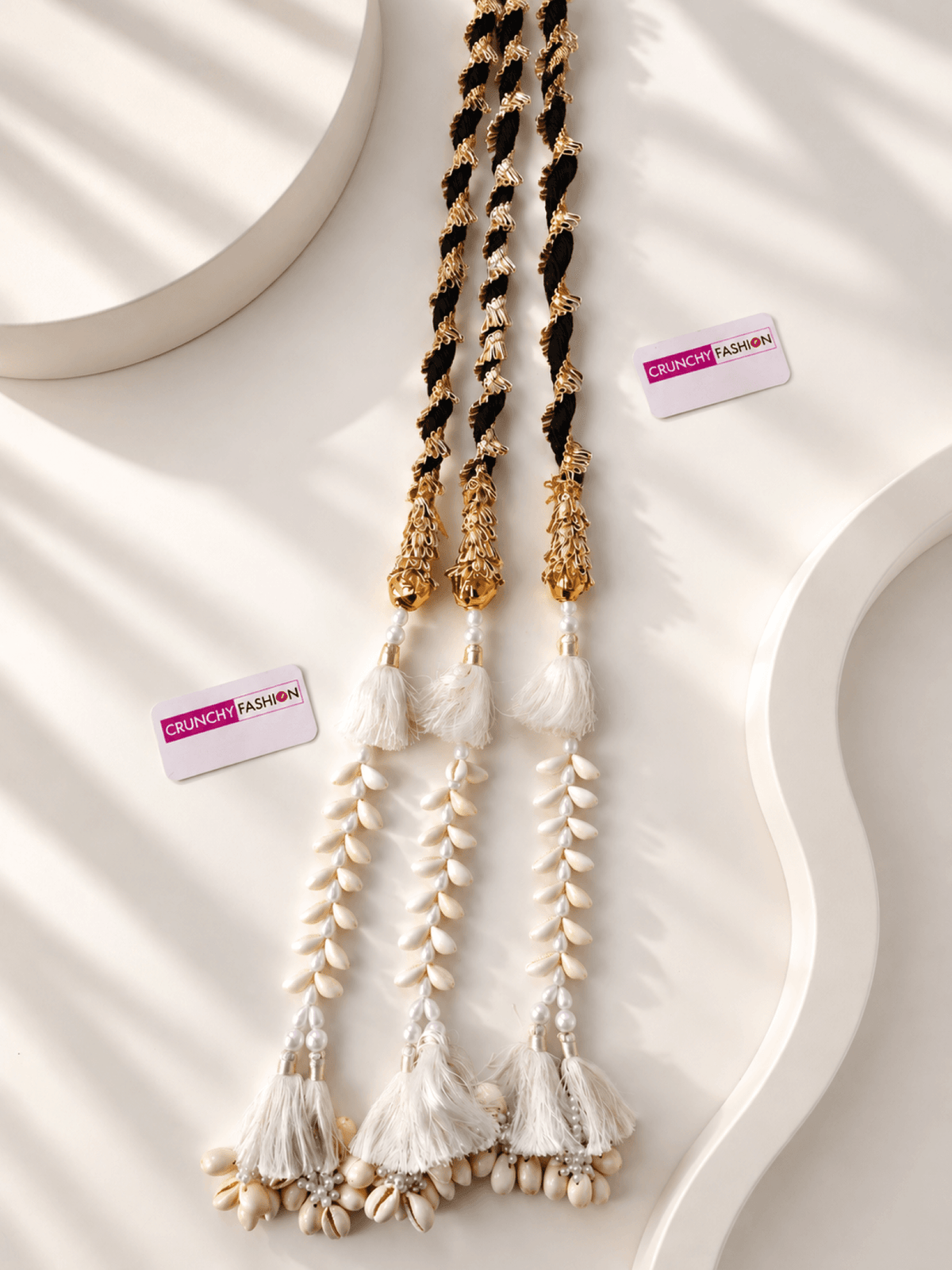 White shell paranda hair accessory for bridal haldi and mehndi