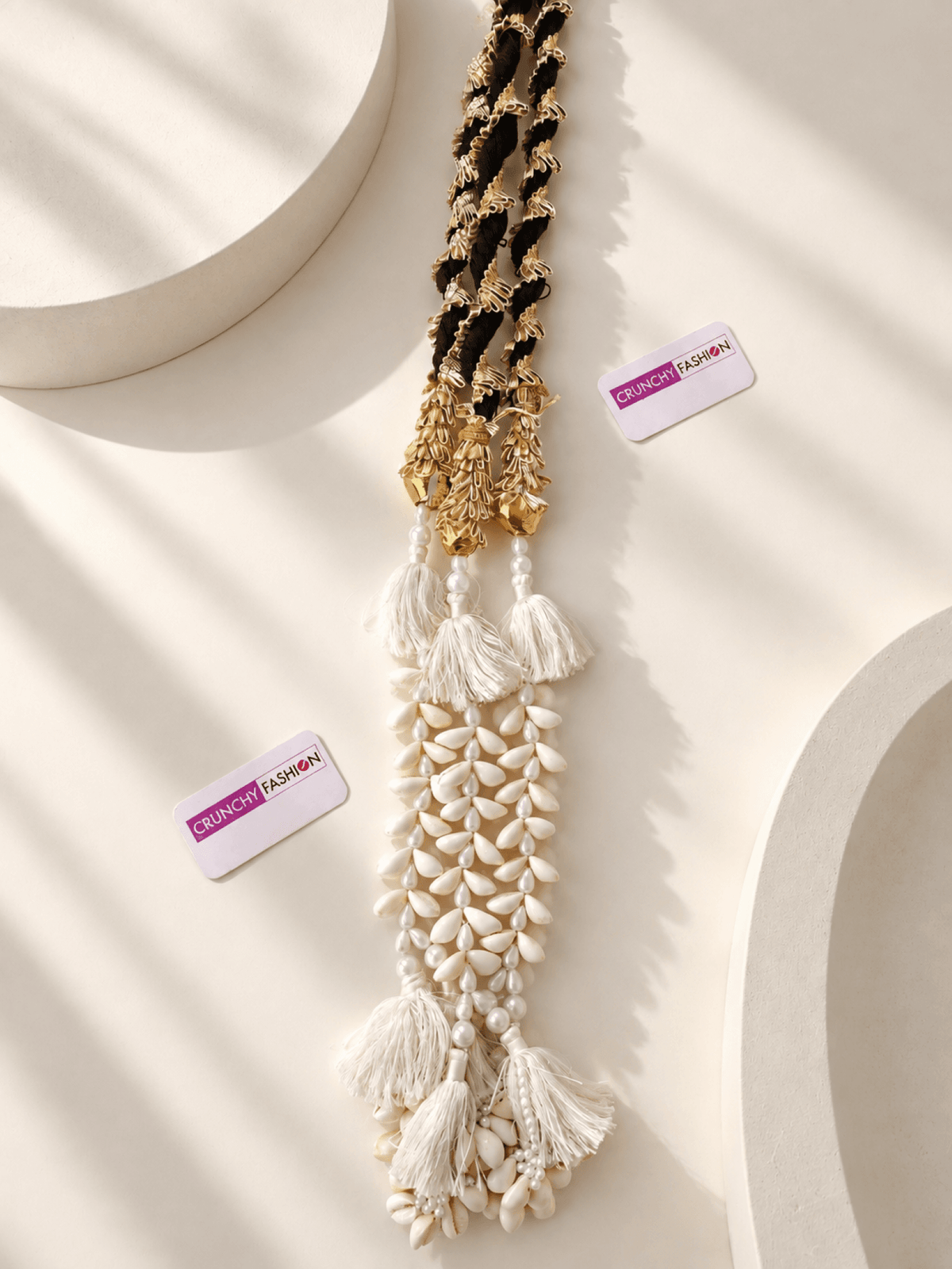 White shell paranda hair accessory for bridal haldi and mehndi