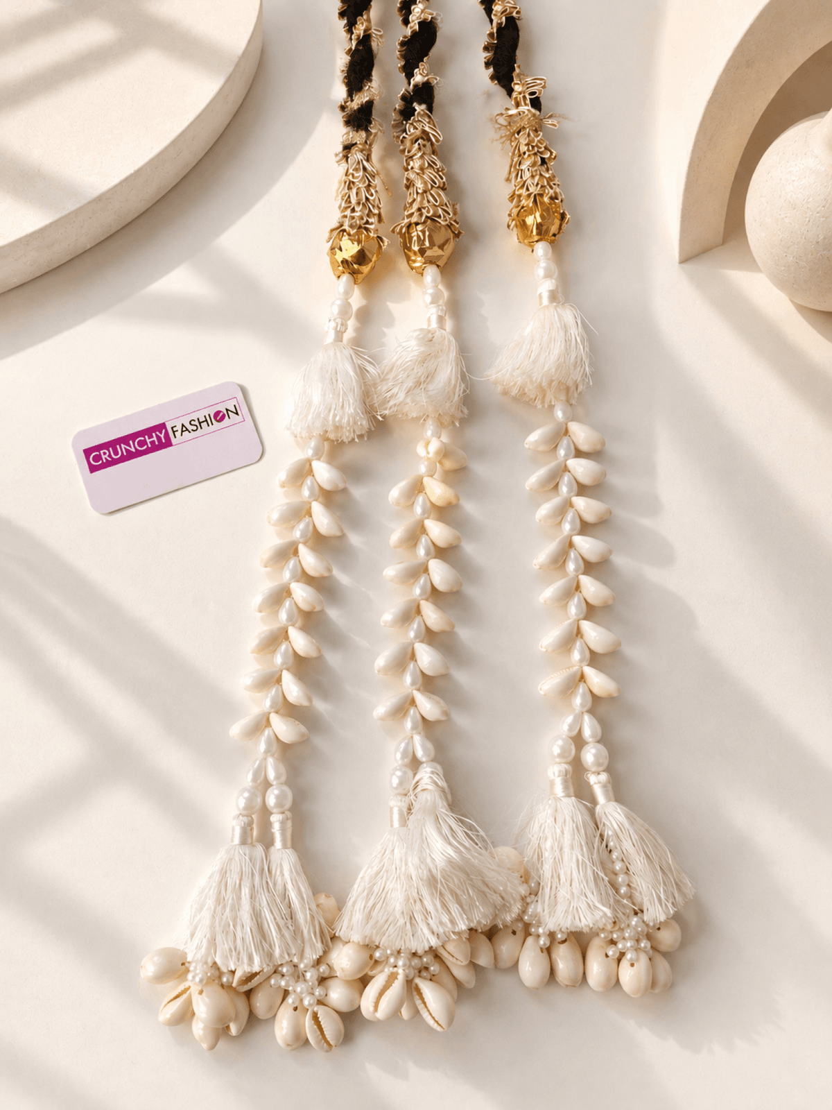 White shell paranda hair accessory for bridal haldi and mehndi