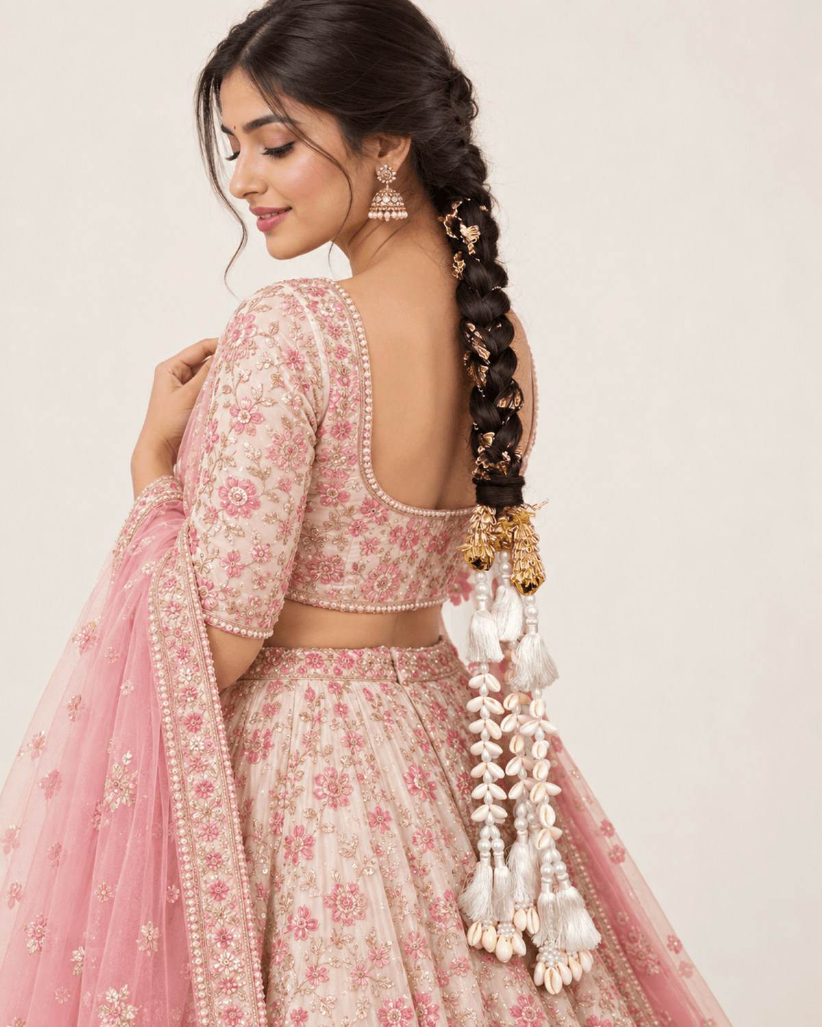 White shell paranda hair accessory for bridal haldi and mehndi