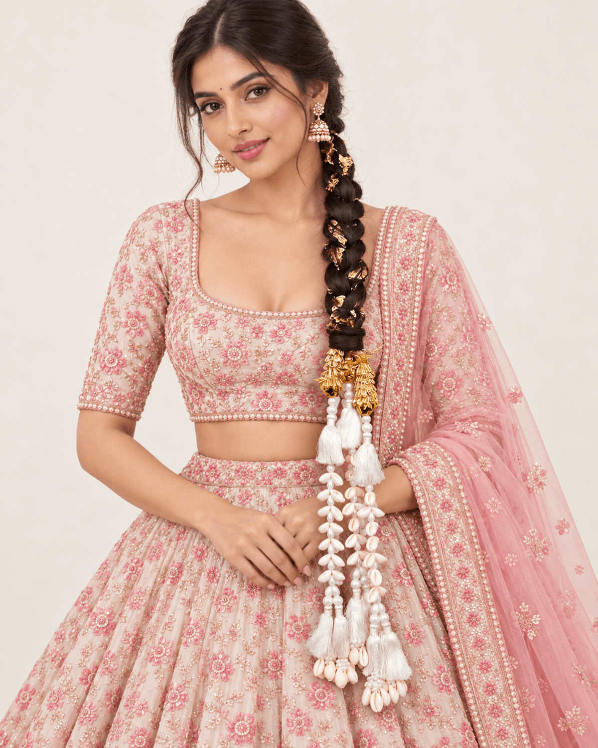 White shell paranda hair accessory for bridal haldi and mehndi