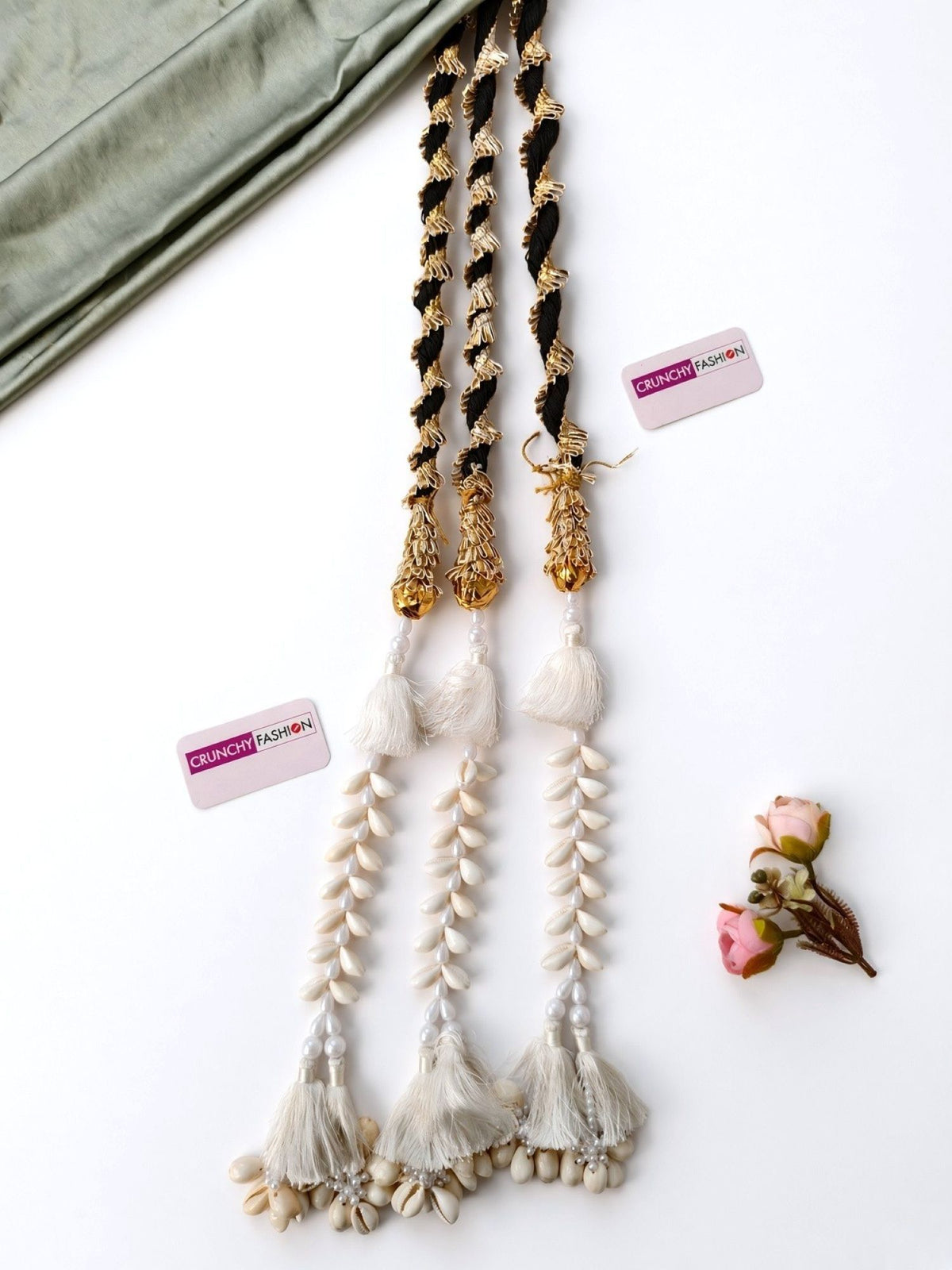 White shell paranda hair accessory for bridal haldi and mehndi