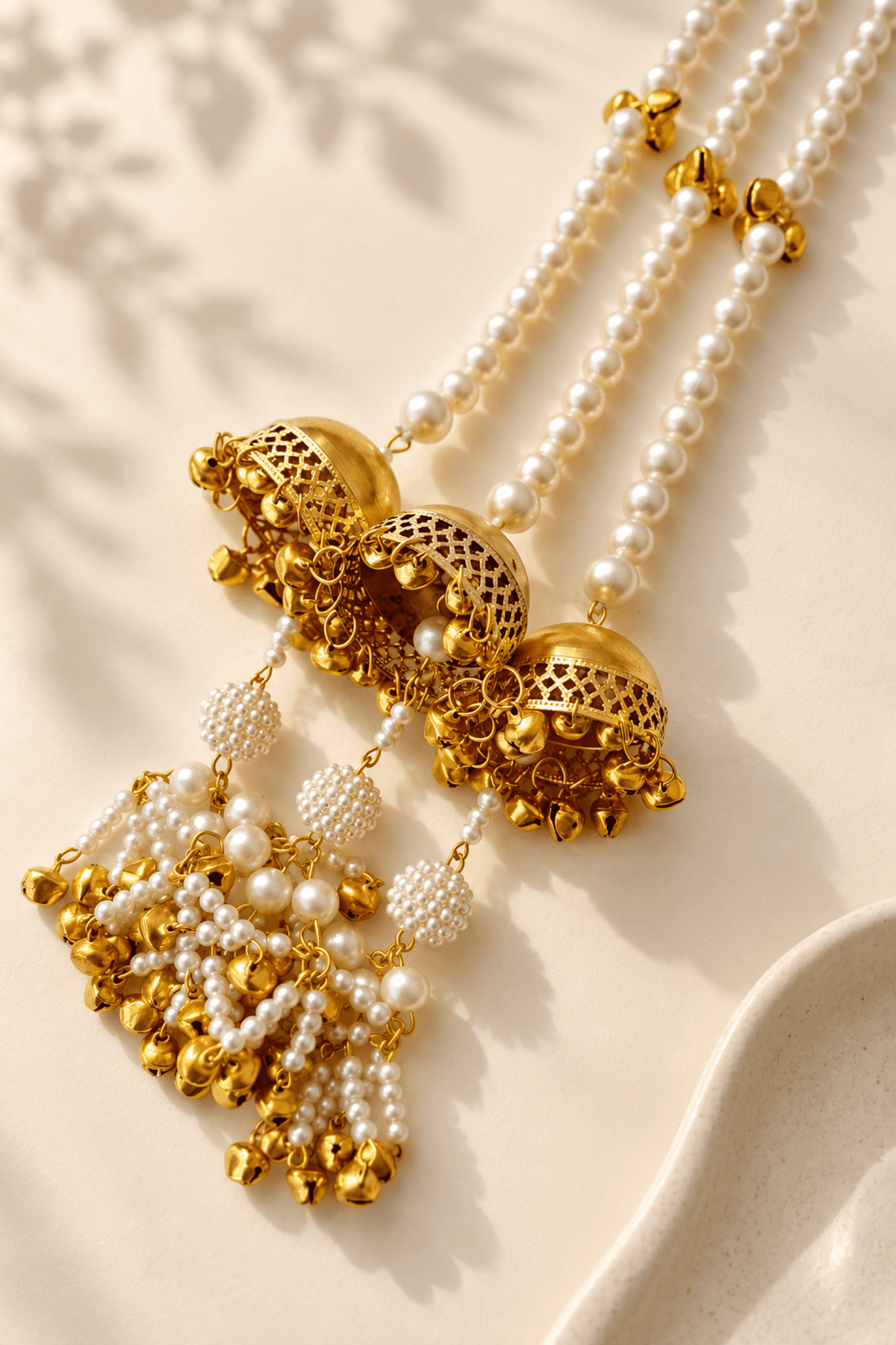 White pearl shell paranda long tassel hair accessory for bridal wedding, traditional seashell design for women