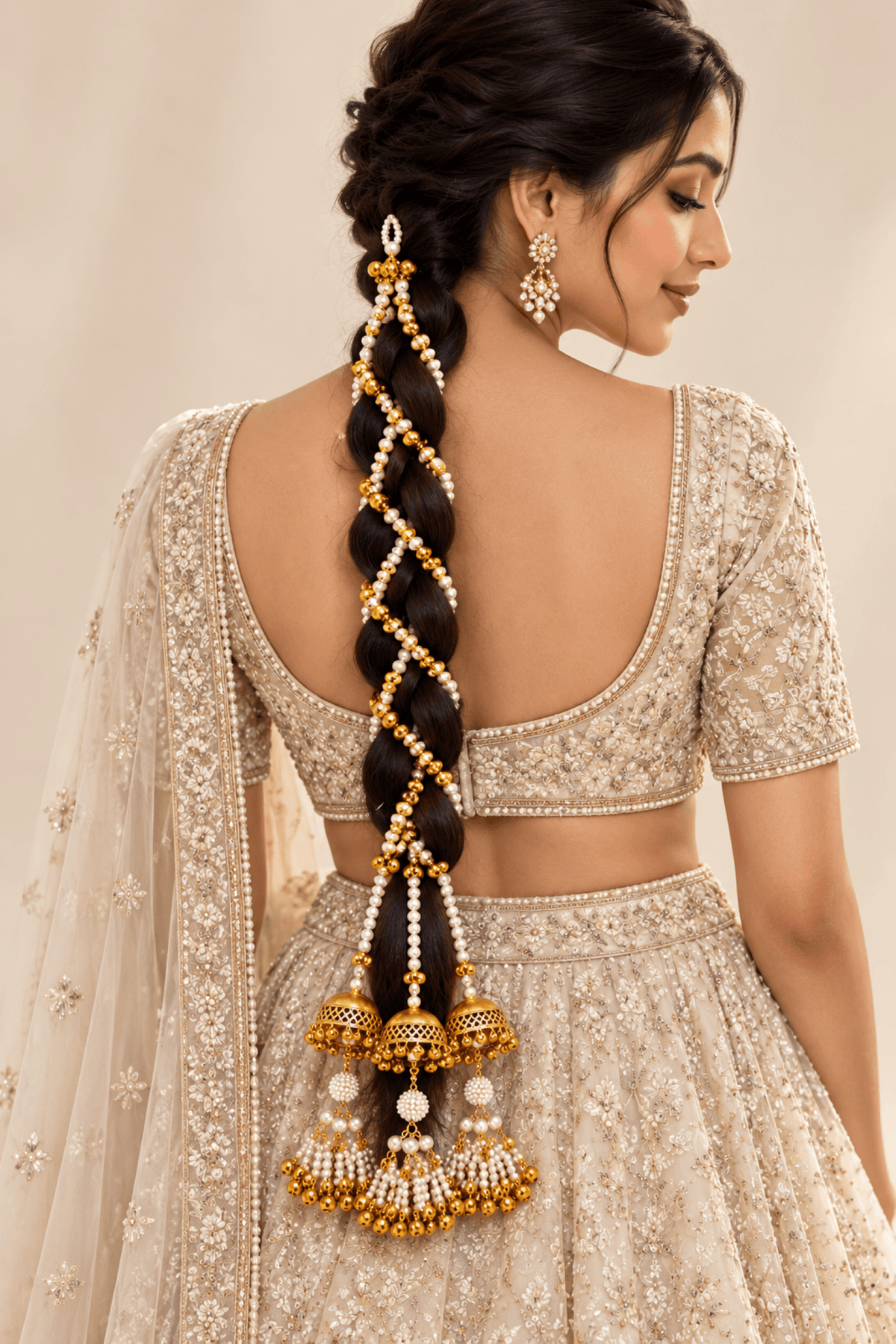 White pearl shell paranda long tassel hair accessory for bridal wedding, traditional seashell design for women