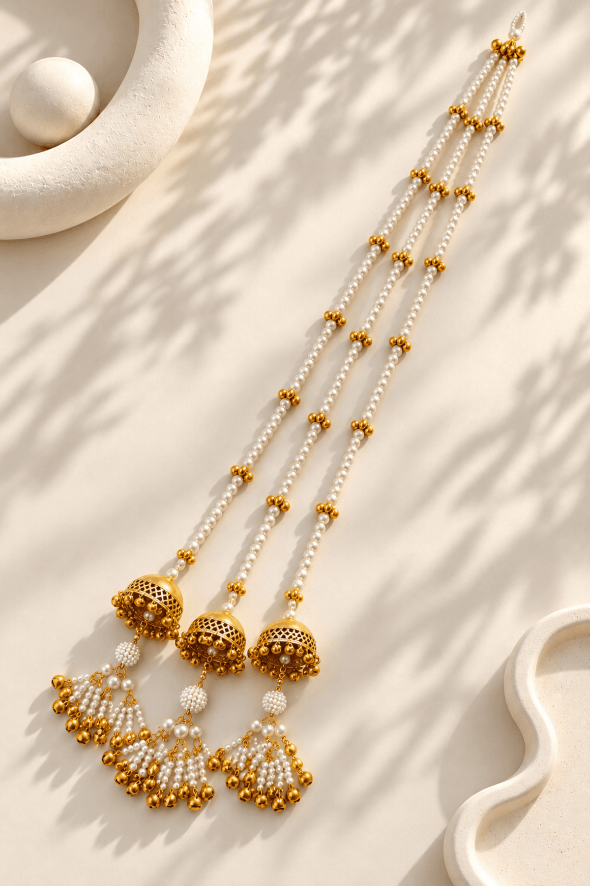 White pearl shell paranda long tassel hair accessory for bridal wedding, traditional seashell design for women