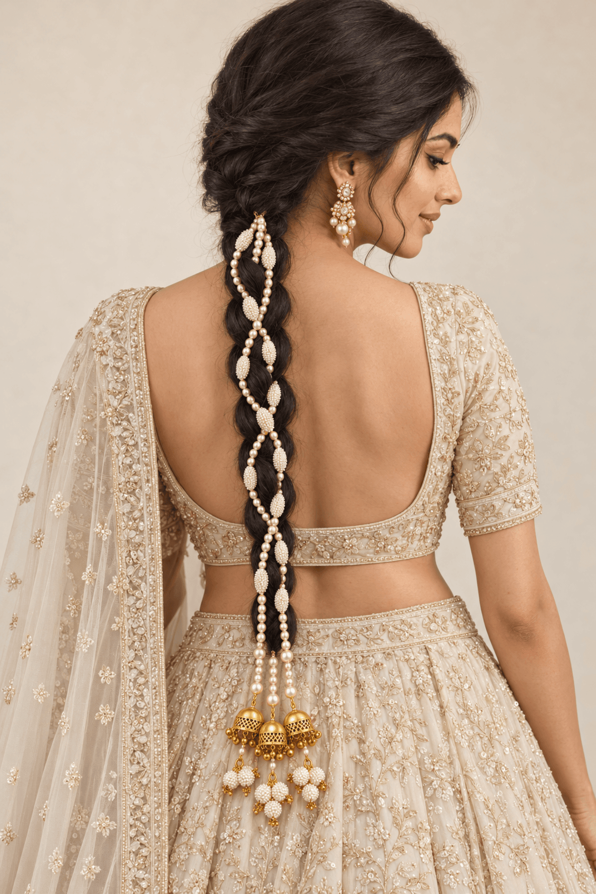 White pearl shell paranda, long tassel hair accessory for brides, traditional wedding sea shell design for women