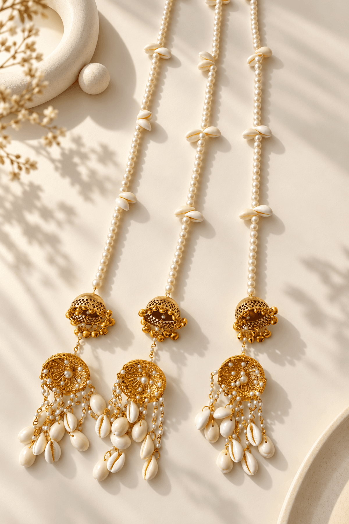 White pearl bridal paranda with shell design, long tassel hair accessory for women and girls, wedding traditional style
