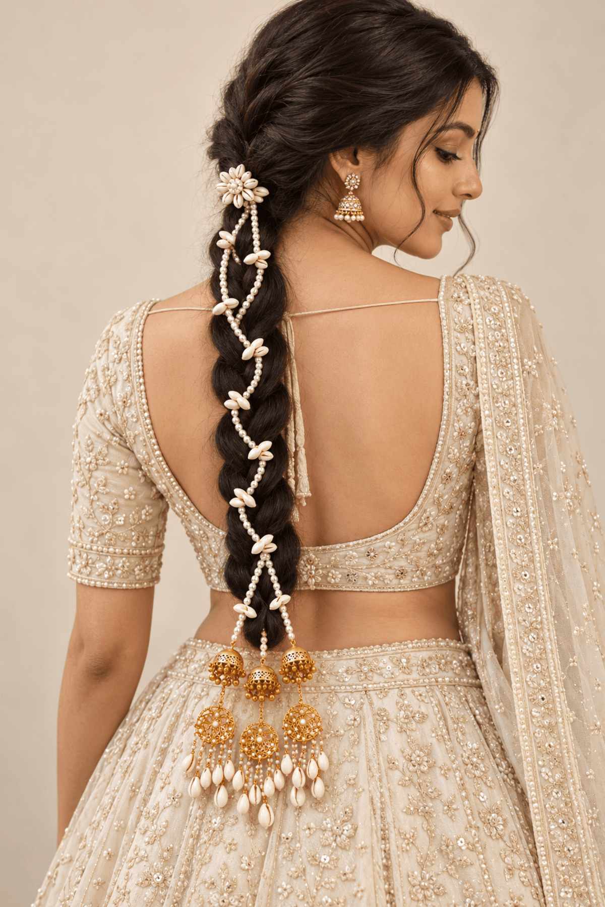 White pearl bridal paranda with shell design, long tassel hair accessory for women and girls, wedding traditional style