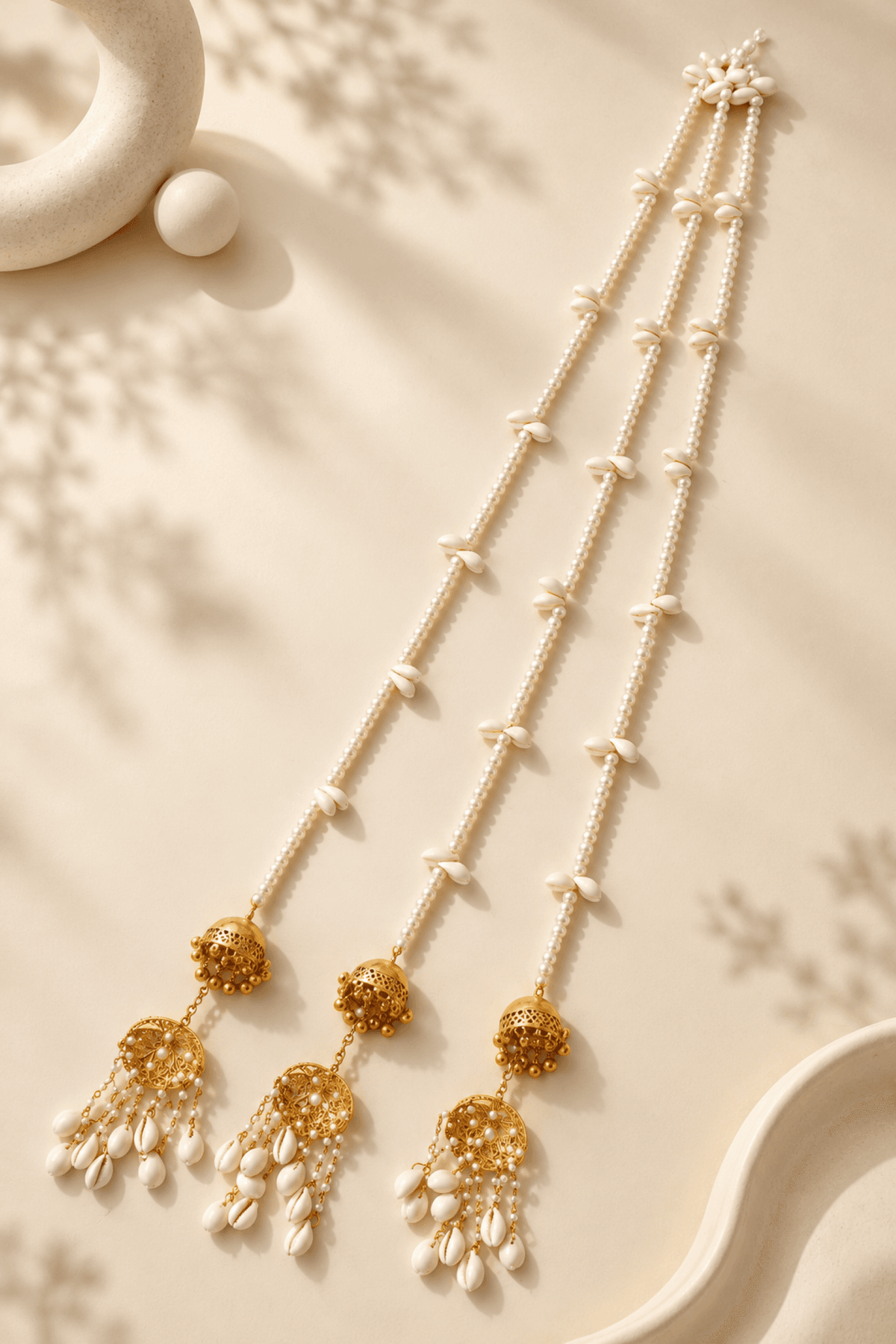 White pearl bridal paranda with shell design, long tassel hair accessory for women and girls, wedding traditional style