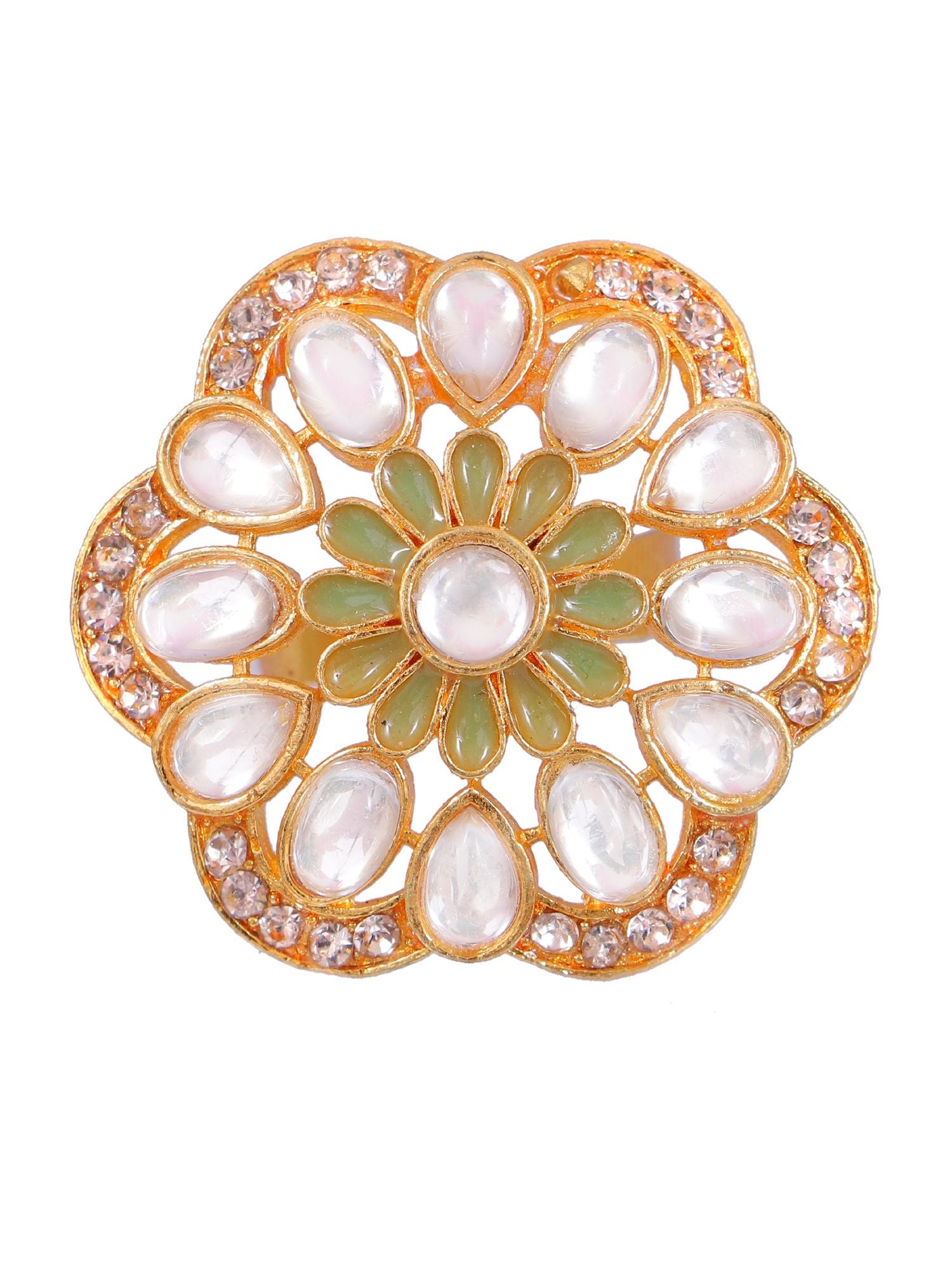 Mint Green kundan Studded Flower Ring, made from polished alloy with gold plating, Meenakari Party Wear Ring in floral design, adjustable size for women